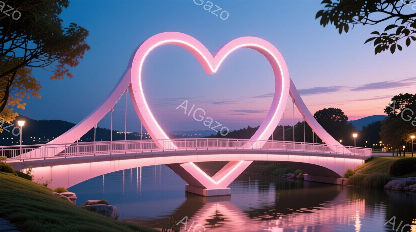 ハートの形をした橋が水面に映る様子を捉えています。橋は白とピンクの光で縁取られ、周囲の緑豊かな風景と調和しています。夕暮れ時の空はピンクと紫のグラデーションで、穏やかでロマンチックな雰囲気を醸し出して - AI生成フリー素材