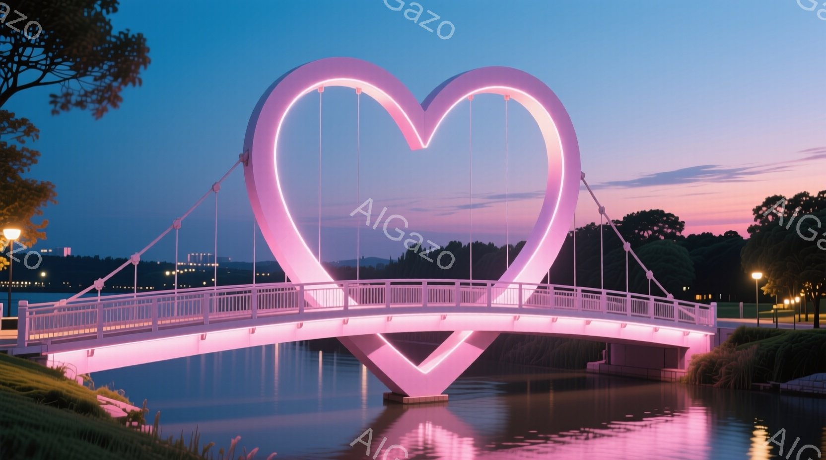 ハート型のライトアップされた橋が、穏やかな水面に映り込んでいます。背景には緑豊かな木々と、遠くに見える街の灯りが広がっており、夕暮れ時の穏やかでロマンチックな雰囲気を醸し出しています。水面には橋の美し - AI生成フリー素材