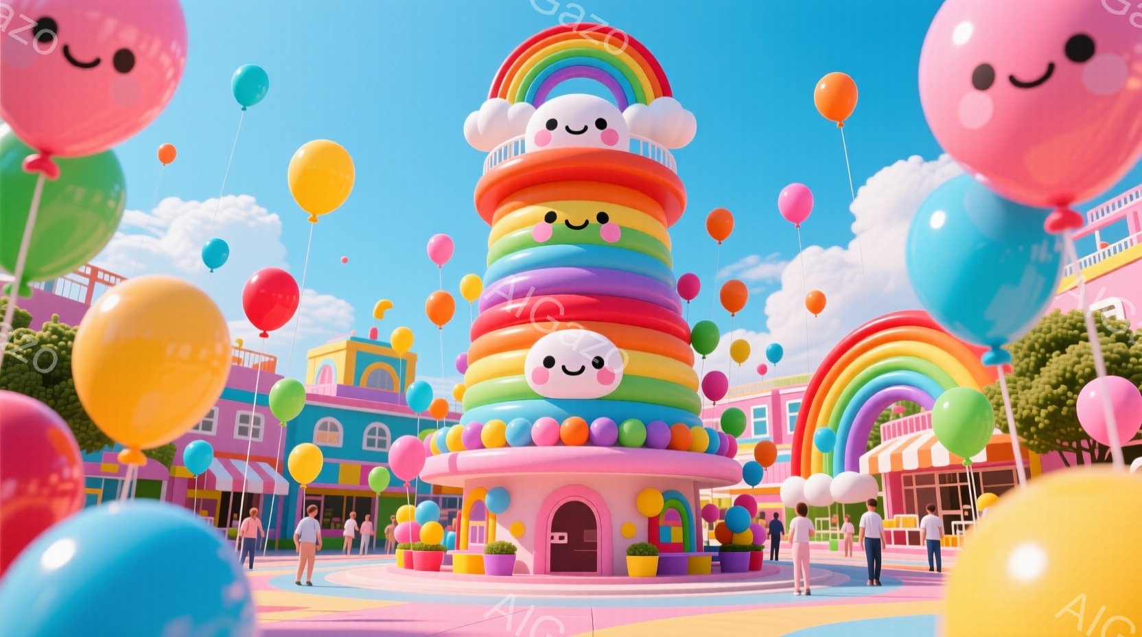 カラフルな建物が立ち並ぶ、陽気で夢のような街並みです。人々はカジュアルな服装で、建物や広場を散策したり、立ち話を楽しんだりしています。空には虹色の大きな塔と、たくさんの笑顔の風船が浮かび、暖かい日差しと青空が、この街の幸福な雰囲気をさらに引き立てています。
