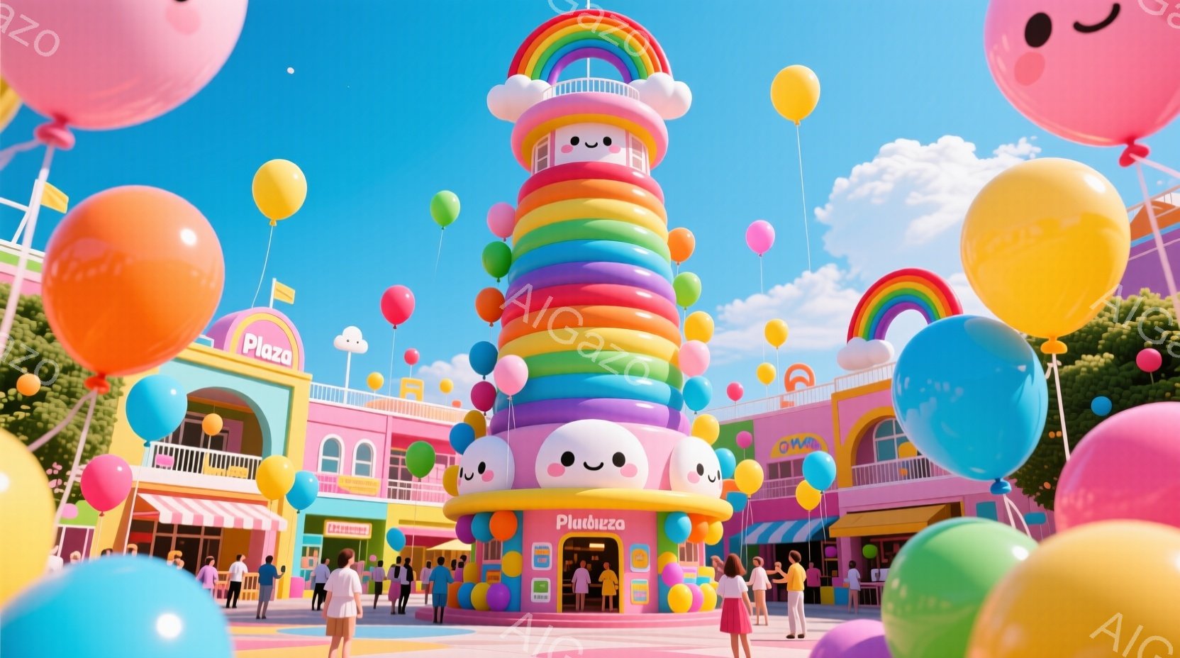 カラフルな遊園地のような風景で、巨大なクリーム色の顔がついた虹色の塔が中央にあります。背景にはピンクや水色の建物が並び、人々はカジュアルな服装で塔の周りを歩き回っています。全体的に明るく陽気な雰囲気で - AI生成フリー素材