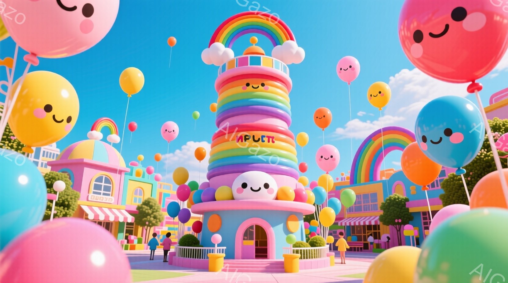 鮮やかなピンクとパステルカラーで構成された、まるで夢のような遊園地が広がっています。建物は丸みを帯びた可愛らしいデザインで、カラフルな風船や虹が空に浮かび、子供たちが楽しそうに遊んでいます。全体的に明るく、遊び心に満ちた、幸福感に包まれるような雰囲気です。