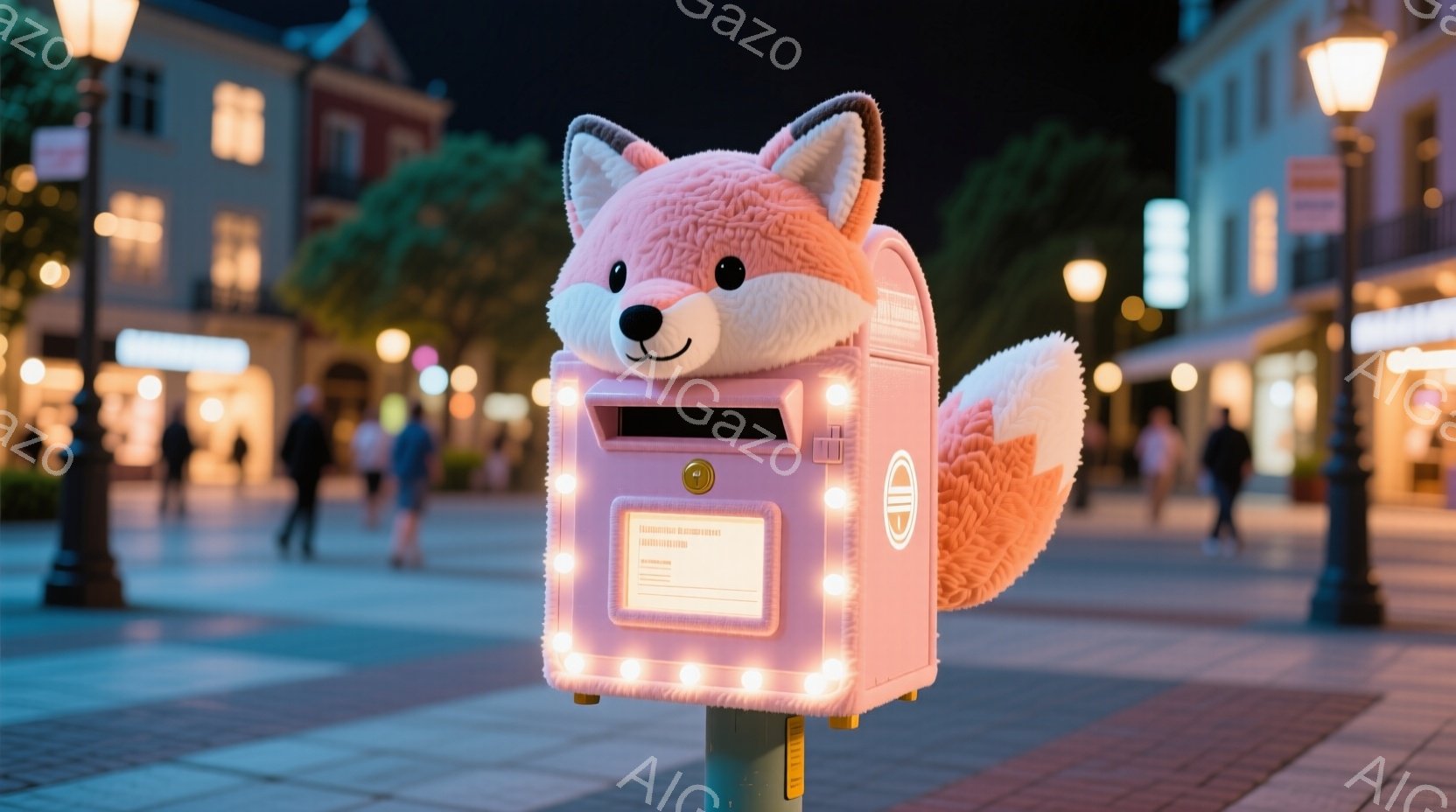 夜の街並みを背景に、ピンク色のキツネを模した可愛らしい郵便ポストが設置されている。ポストは、ライトで飾られており、その愛らしい表情と周囲の温かい光が、楽しい雰囲気を醸し出している。背景には、人影や建物の明かりが見え、夜の静けさと賑わいが混ざり合った、幻想的な光景が広がっている。