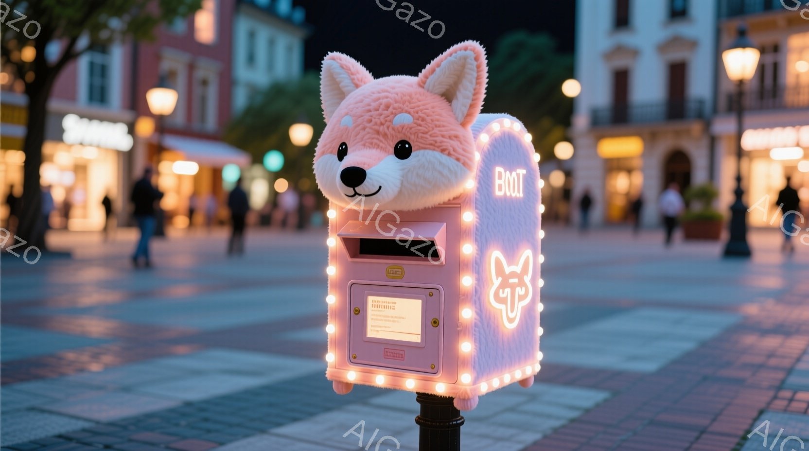 舗装された通りに、柴犬を模したピンク色のユニークな郵便ポストが設置されています。背景には、ライトアップされた建物が並び、夜の落ち着いた雰囲気が漂っています。ネオンライトで縁取られたポストは、街並みに可愛らしさと遊び心を添えています。