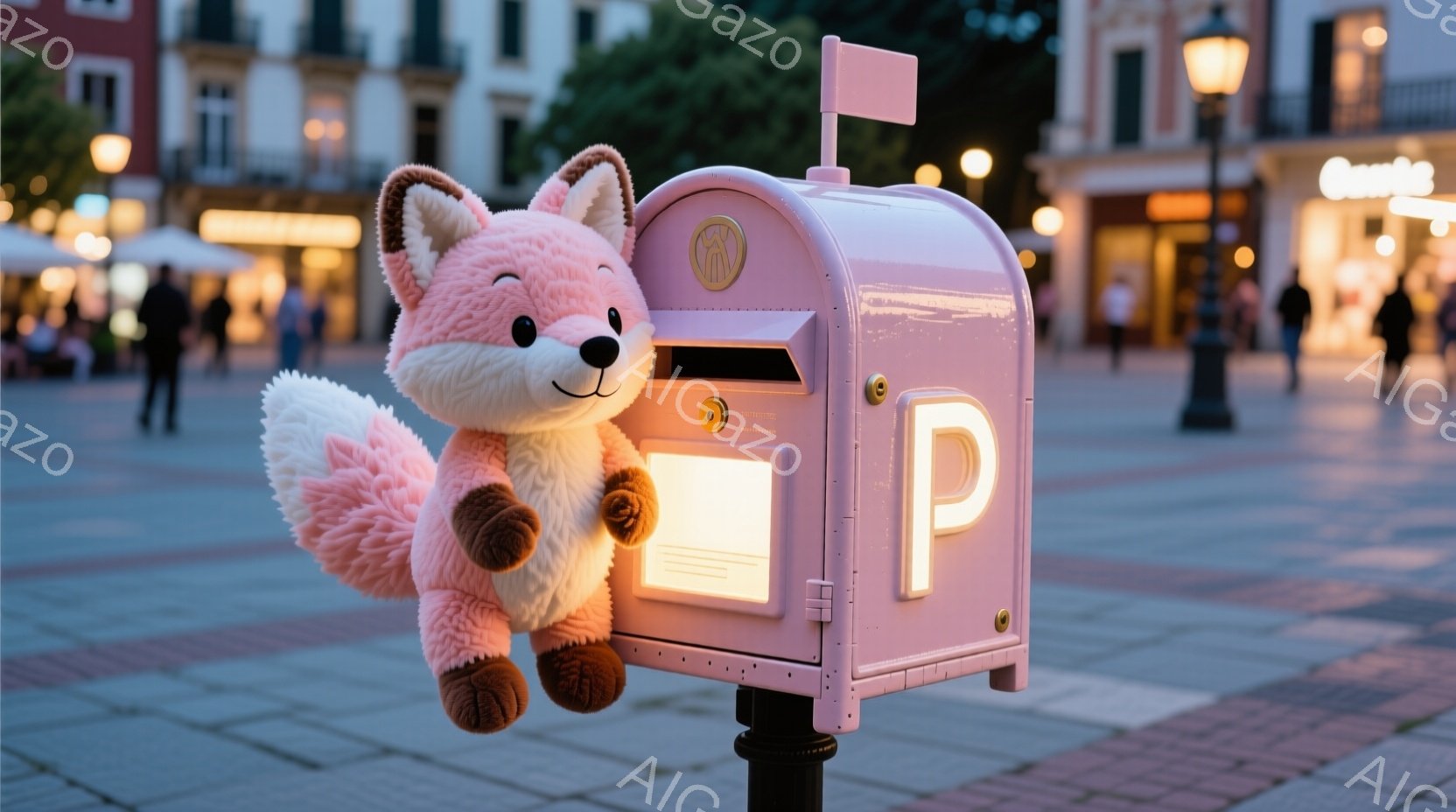 ピンク色の可愛らしいキツネのぬいぐるみが、同じくピンク色の郵便ポストに寄りかかっている様子が写っている。背景には石畳の広場、商店、そしてぼんやりとした街灯が見え、夜の静かで穏やかな雰囲気が漂っている。柔らかい光が広場全体を照らし、温かく優しい印象を与えている。