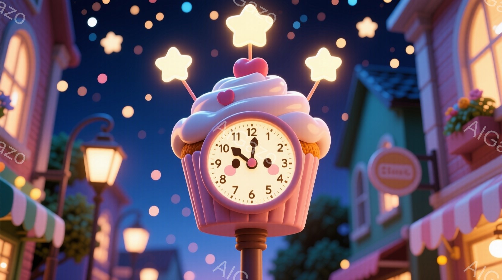 夜空を背景に、カップケーキの形をした時計が描かれています。時計のクリームには星が飾られ、周りには街灯が灯り、建物が並んでいます。全体的にファンタジックで夢のような、温かい雰囲気です。 - AI生成フリー素材