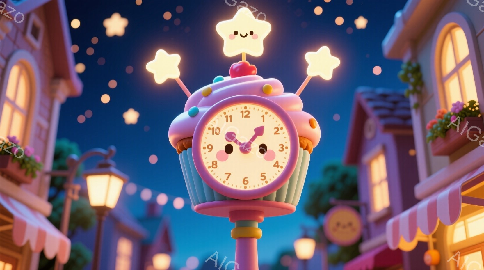 夜の街並みを背景に、クリーム色のドーナツを模したユニークな時計が中央に配置されています。時計は可愛らしい顔をしており、上には星のような光が輝き、周囲には小さな星が散りばめられています。背景には、暖色系 - AI生成フリー素材
