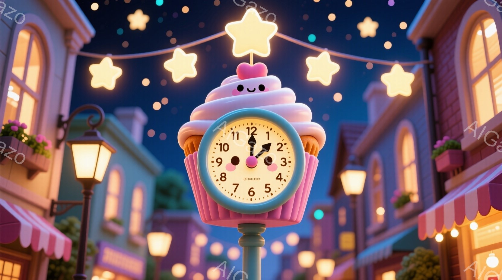 カラフルな建物が並ぶ街並みが夜空を背景に描かれており、中央にはクリームとスプリンクルで飾られた可愛らしいカップケーキの形をした時計が浮かんでいます。時計はほほえみを浮かべており、周囲には星が輝き、楽し - AI生成フリー素材