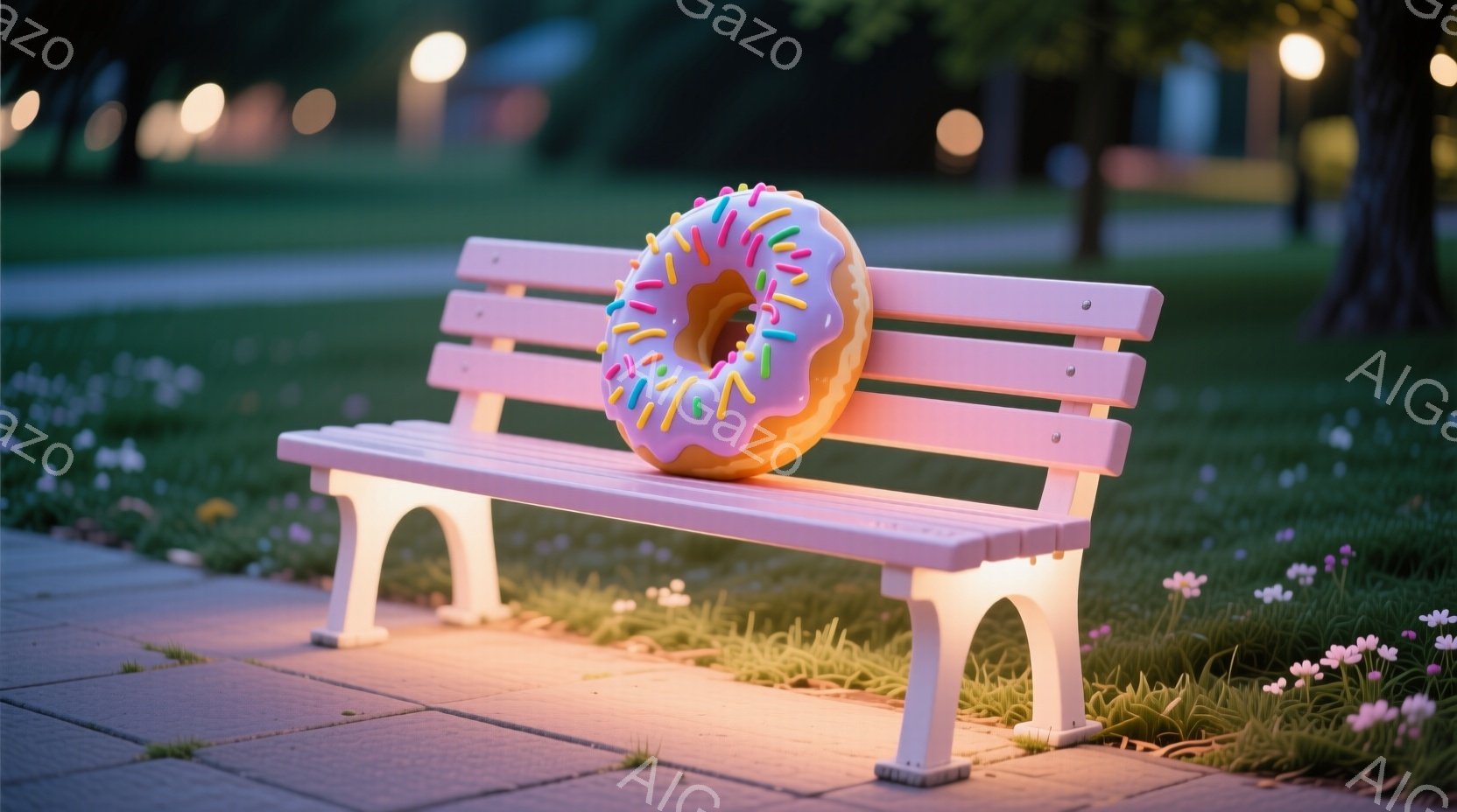 ピンク色のベンチに、鮮やかなアイシングとカラフルなスプリンクルが施されたドーナツが置かれています。ベンチの周囲には小さな花が咲き乱れ、背景にはぼやけた街灯と緑豊かな木々が見えます。全体的に、遊び心があ - AI生成フリー素材