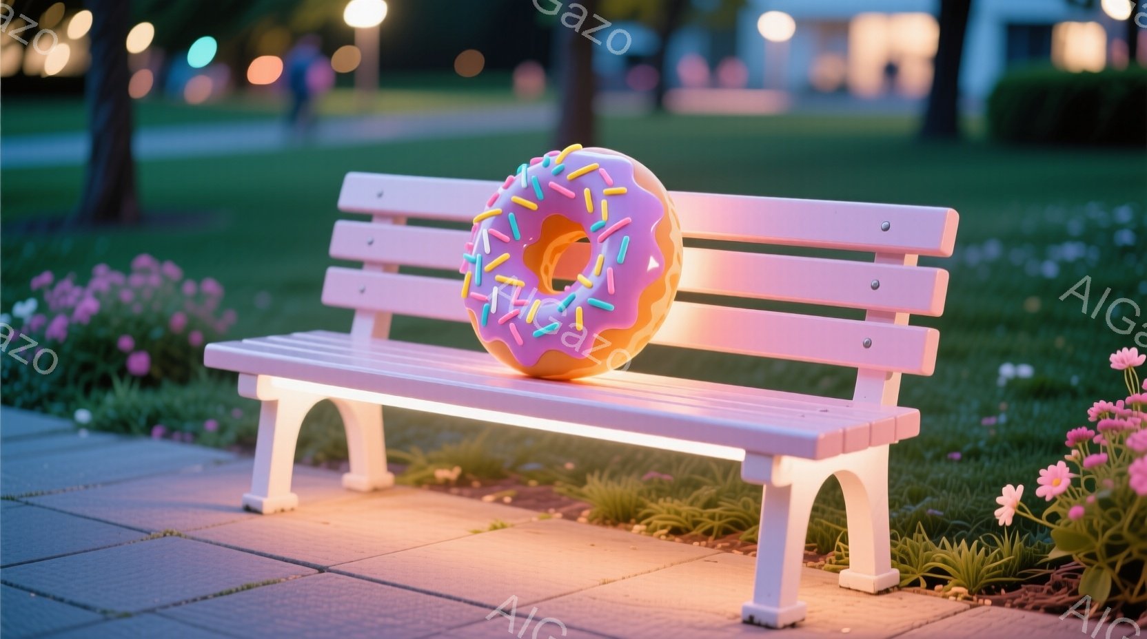 白い木製のベンチに、カラフルなアイシングとスプリンクルが施されたドーナツが置かれている。ベンチの周囲には緑の草とピンクの花が咲き、夜間の公園を暖かく照らす光が背景にぼやけている。全体的に、遊び心があり - AI生成フリー素材