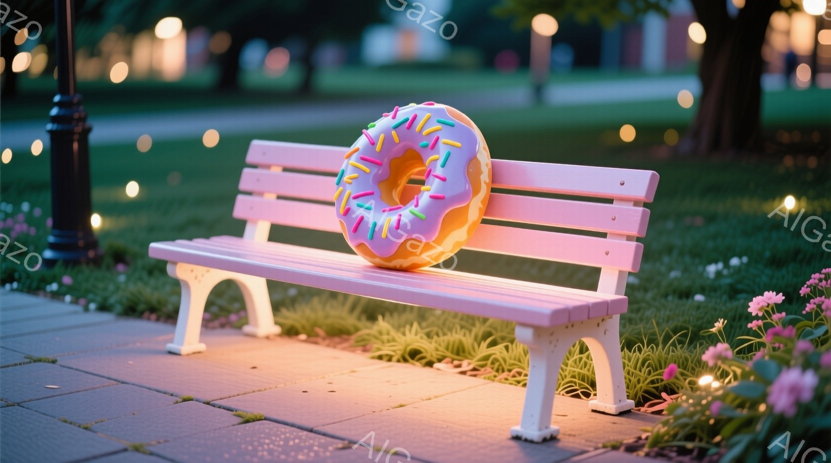 ピンク色のベンチの上に、ピンク色のアイシングとカラフルなスプリンクルが施されたドーナツが置かれています。背景には緑豊かな芝生と、ぼやけた街灯の光が見え、夜の公園の穏やかな雰囲気を醸し出しています。ベン - AI生成フリー素材