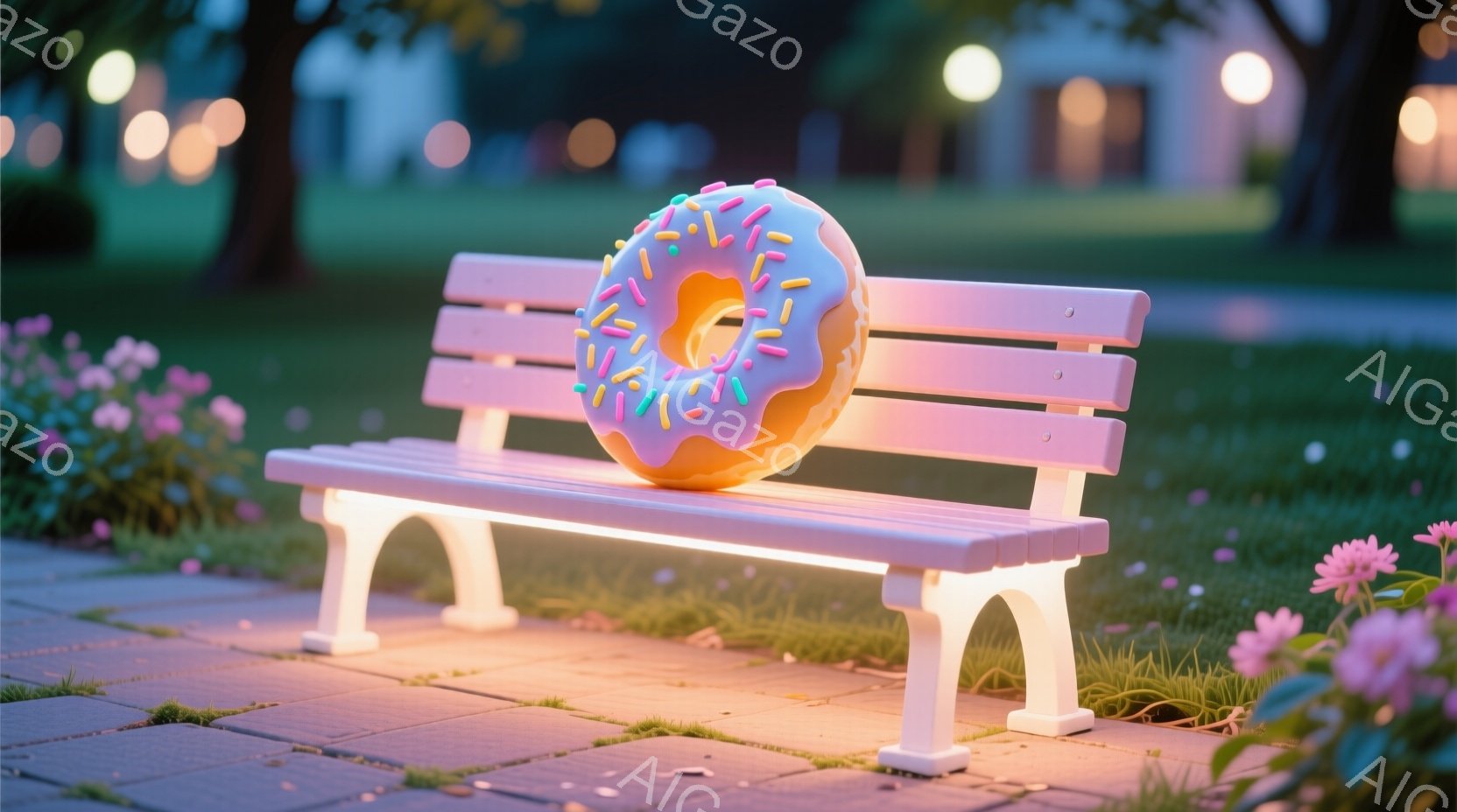 白いベンチに、カラフルなアイシングとスプリンクルが施されたドーナツが置かれている。背景には緑豊かな草地とぼんやりとした建物が見え、夜間の公園の雰囲気を醸し出している。暖色系の照明がベンチとドーナツを照 - AI生成フリー素材