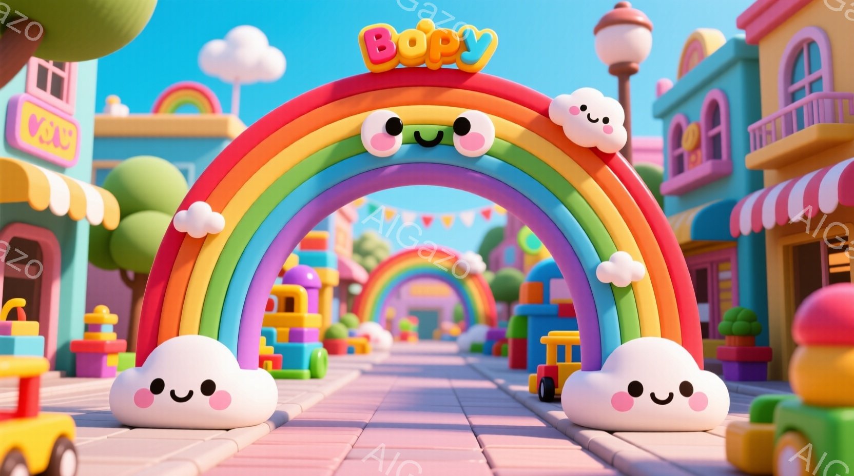 カラフルで可愛らしい街並みが描かれています。アーチ状の虹が通りを彩り、雲の形をした笑顔のモチーフが両側に配置されています。建物はパステルカラーで、おもちゃのようなデザインで、全体的に温かく遊び心のある雰囲気が漂っています。