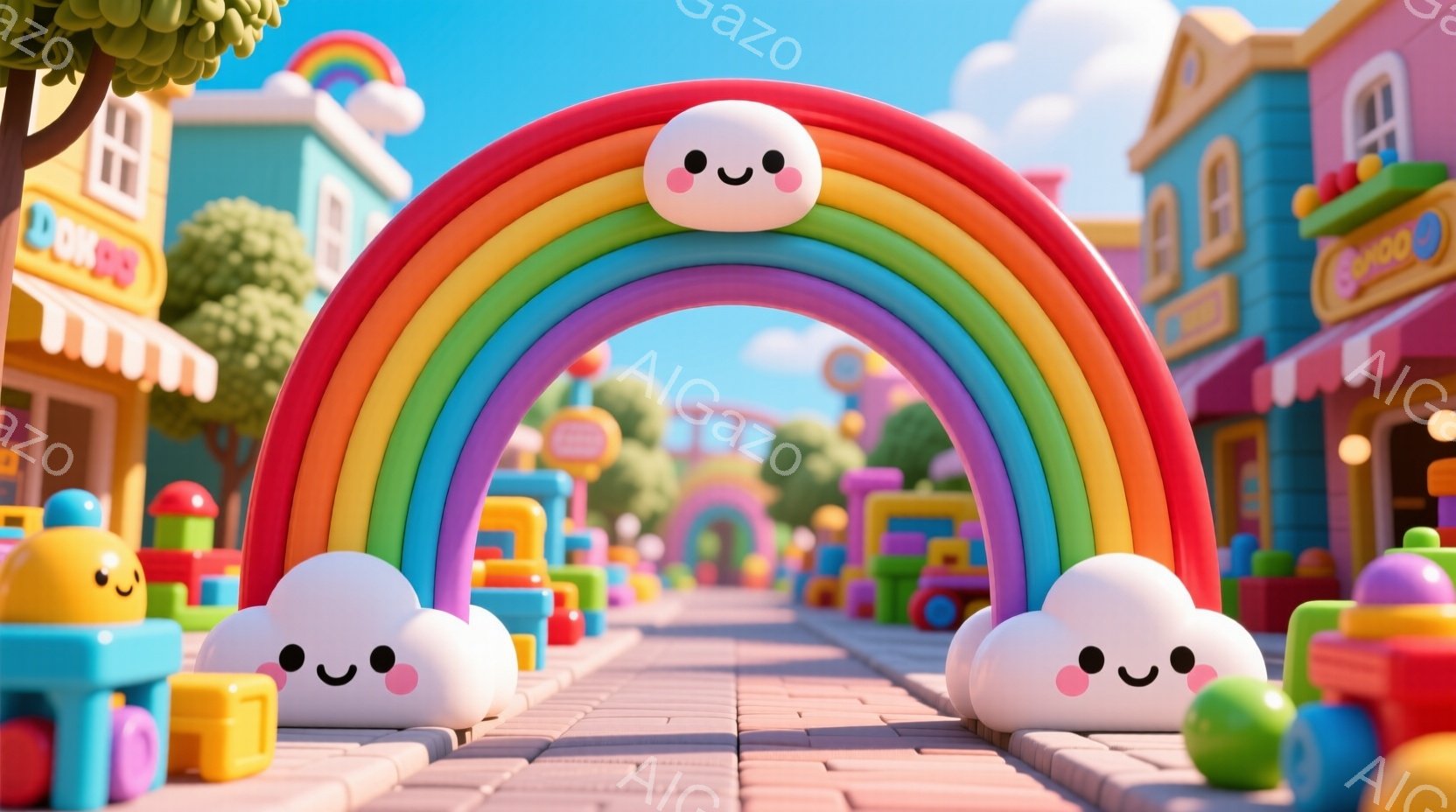 カラフルなブロックで作られた街並みが描かれており、虹と雲のオブジェが通りに並んでいます。建物はパステルカラーで、ドーナツショップのような可愛らしい店が並び、背景には緑豊かな木々が見えます。全体的に明る - AI生成フリー素材