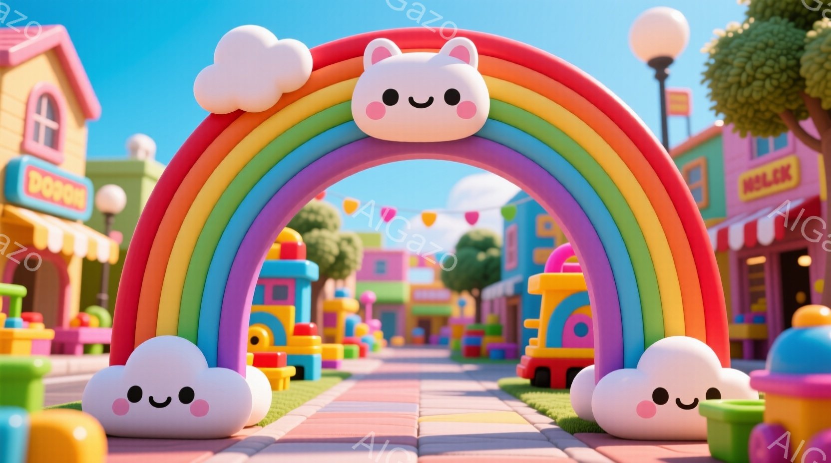 カラフルなブロック調の街並みが広がり、虹色のアーチが印象的です。アーチの両脇には、愛らしい表情の白い雲が浮かんでおり、まるで遊園地の入口のようです。背景には、パステルカラーの建物や緑の木々が見え、全体 - AI生成フリー素材
