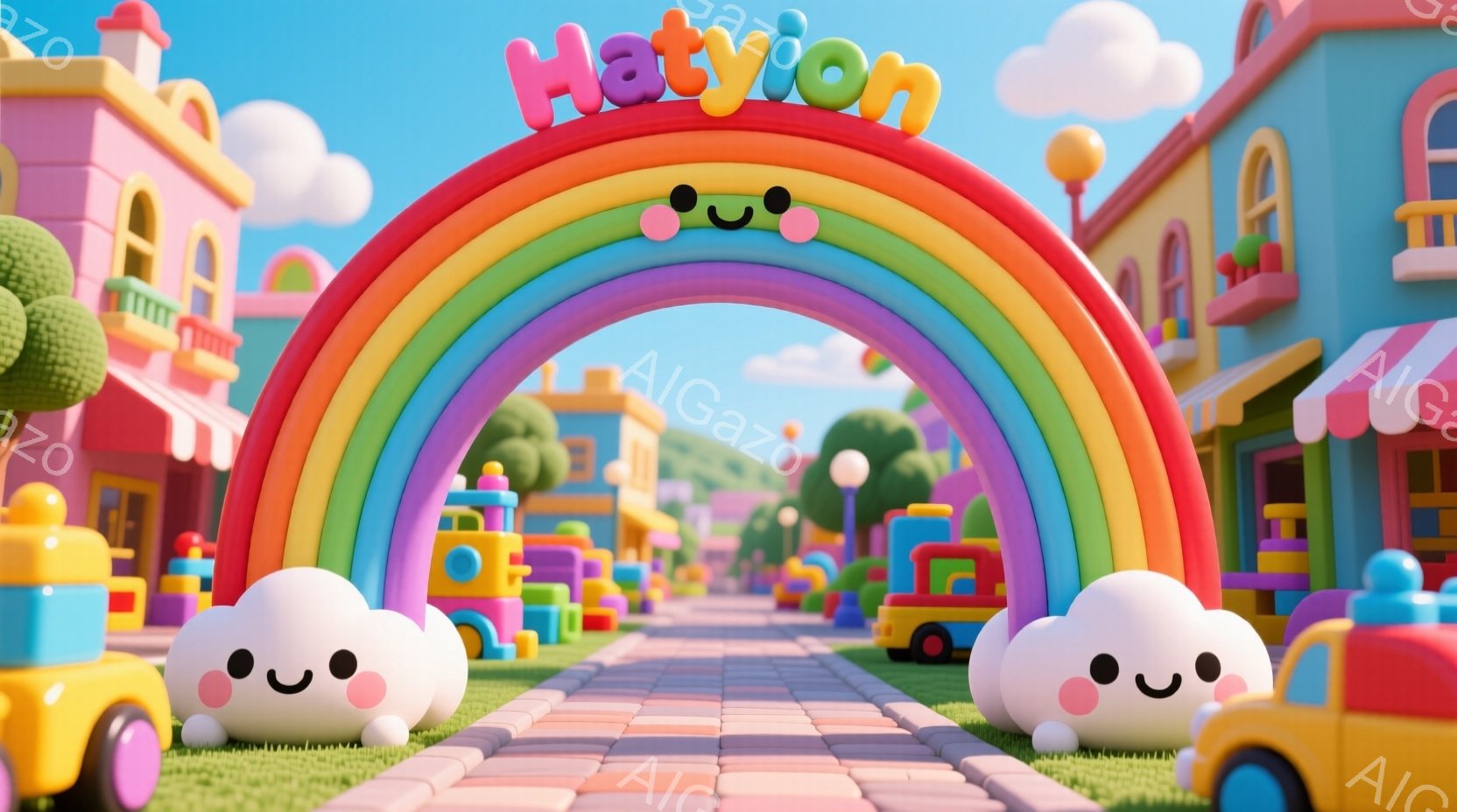 カラフルなブロックで作られた街並みが広がっており、虹色のアーチが入り口として描かれています。可愛らしい笑顔の雲が道沿いに配置され、街全体が明るく、遊び心に満ちた雰囲気を醸し出しています。背景には丸みを - AI生成フリー素材