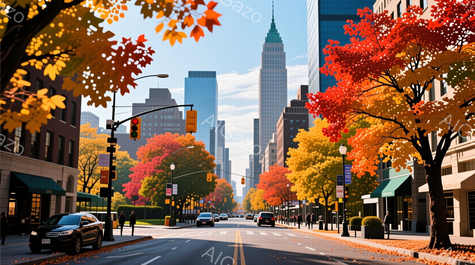 秋のニューヨークの通りが写っている。高層ビルが立ち並び、街路樹は鮮やかな赤や黄色に染まっている。歩道には落ち葉が散らばり、数人の人々がコートを着て歩いている、穏やかで美しい秋の日の光景だ。