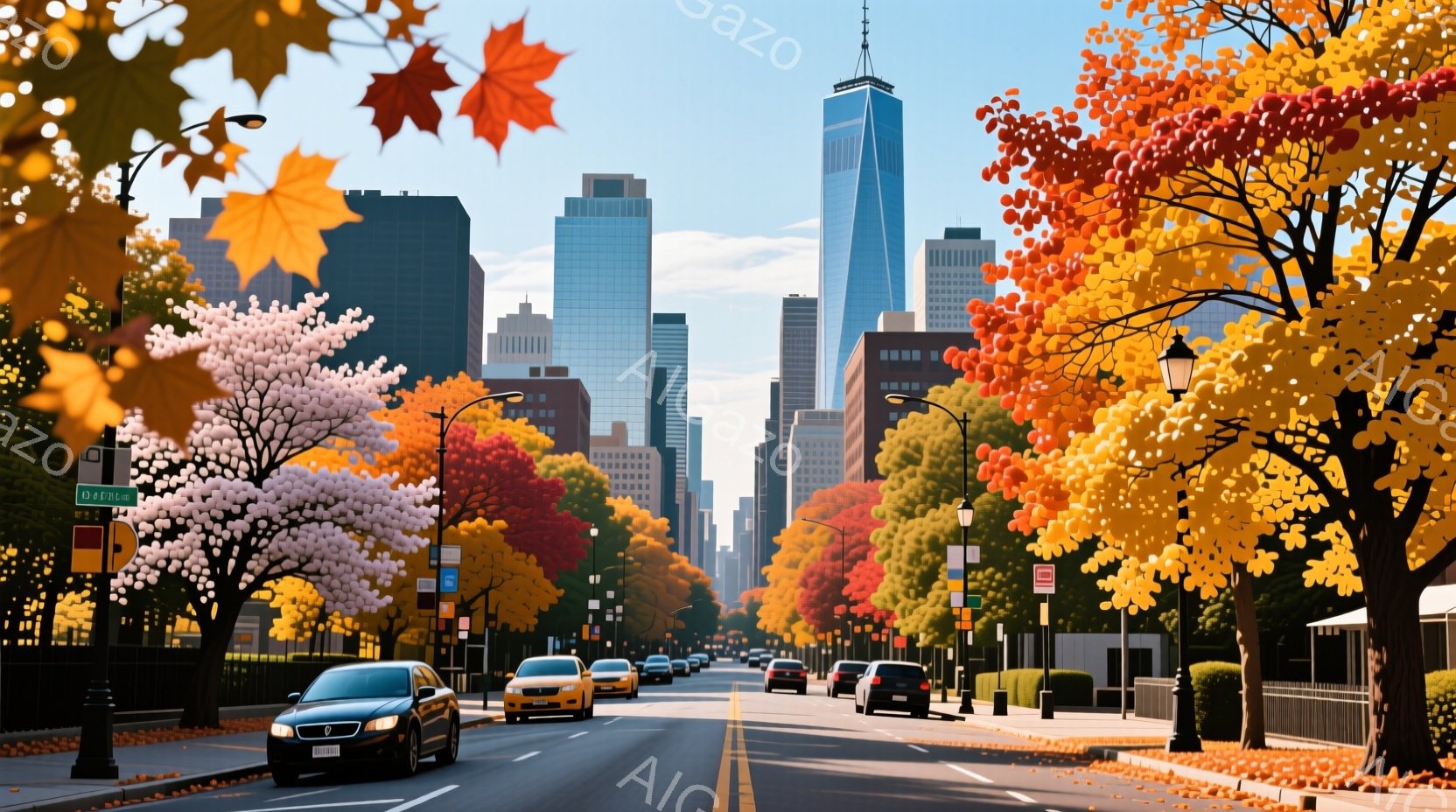 街並みが秋の色に染まる様子が描かれています。道路には車が並び、高層ビルが背景にそびえ立ち、鮮やかな紅葉が街路樹を彩っています。空は晴れ、穏やかな秋の午後の雰囲気が漂っています。 - AI生成フリー素材