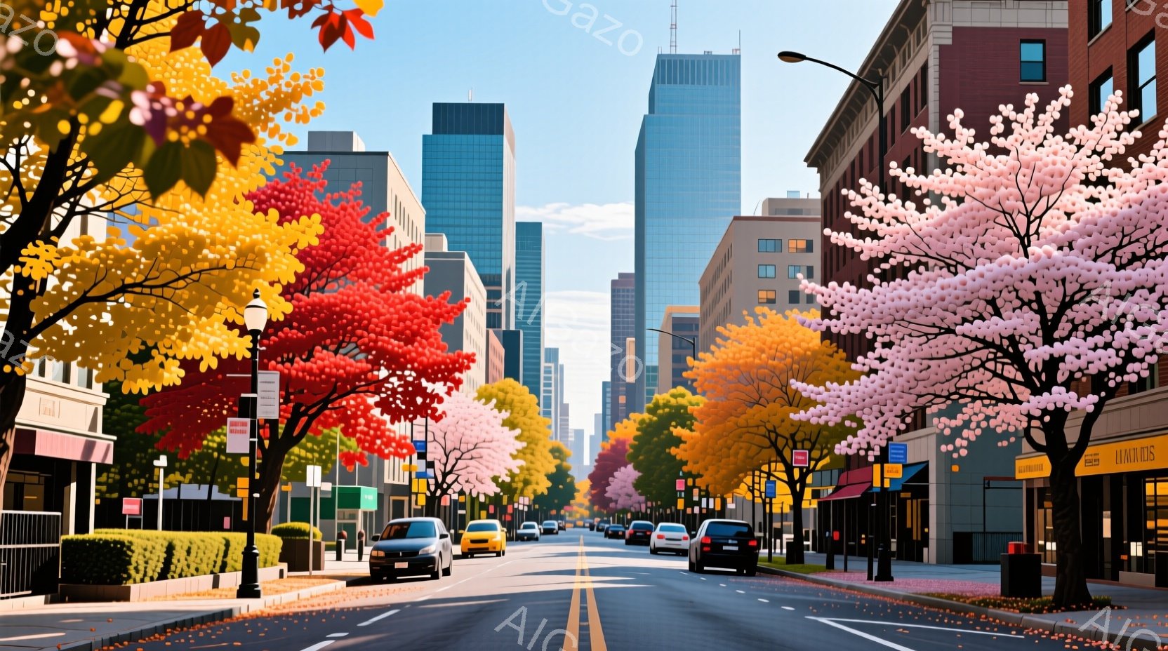 日本の都市を描いたスプリング・ストリート（春の街道）風の写真です。ビルと街路が広々と占めています。屋根には多色の紅葉が散らばっており、市街地を覆うように美しい秋の景色があります。人々は穏やかな姿勢で歩き、防寒服を着ていることが分かります。街並みは地元の大都市のように賑わっており、印象は繁華なストリートシーンです。