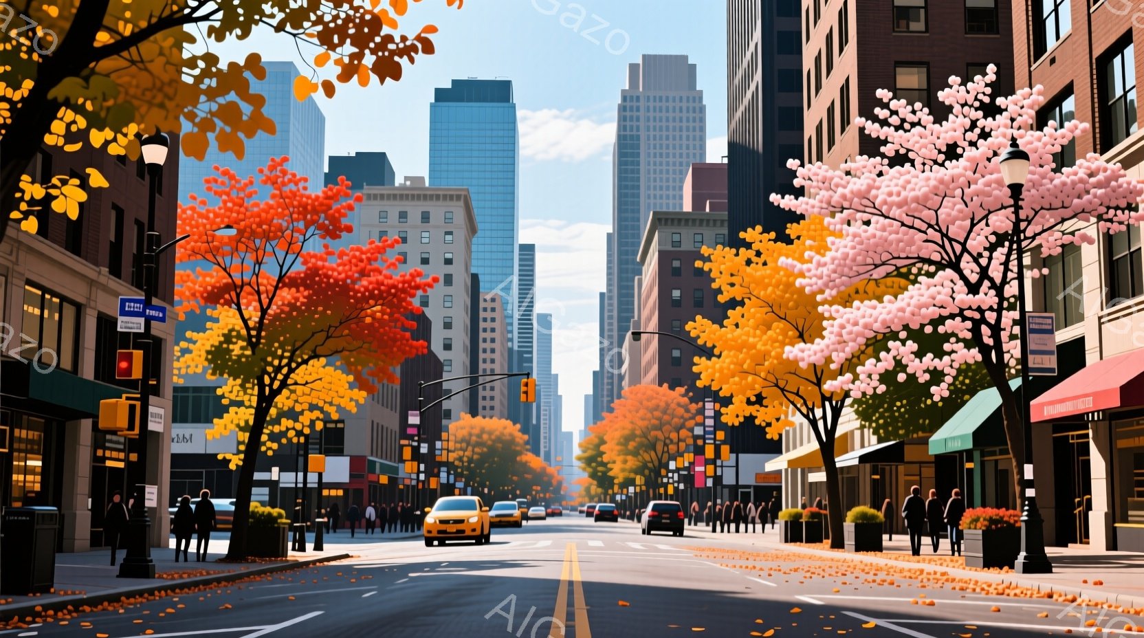 秋のニューヨークの街並みが描かれている。道路には落ち葉が散らばり、両脇には赤やオレンジ、ピンク色に色づいた木々が並んでいる。ビジネスマンや歩行者がそれぞれ黒やグレーのスーツ、コートを着て歩いており、活 - AI生成フリー素材