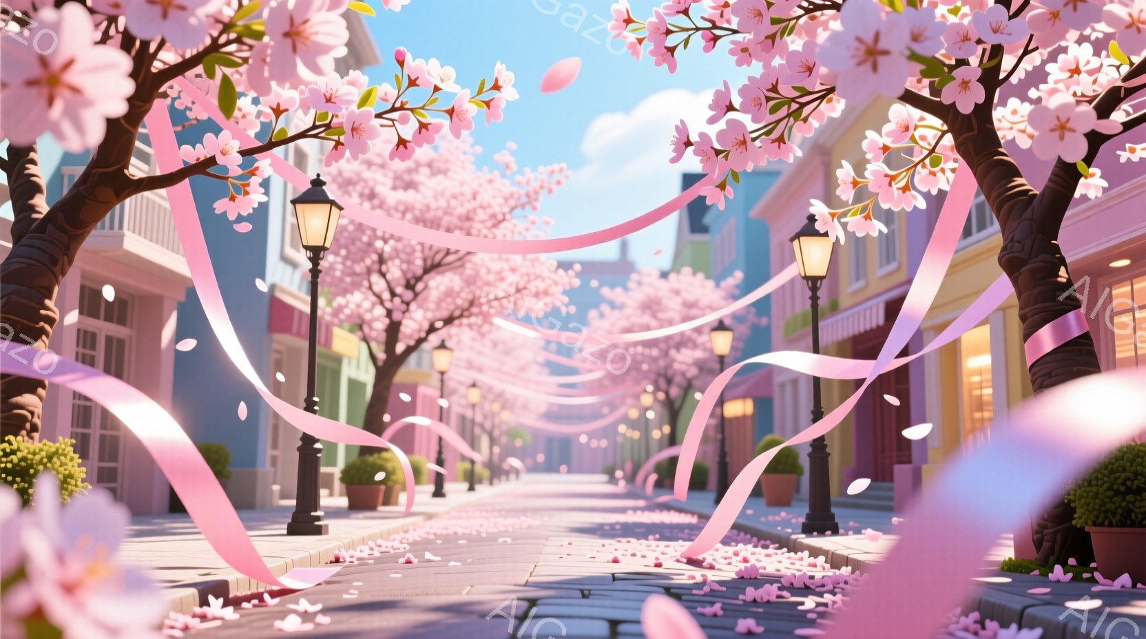 春の穏やかな通りが描かれており、桜の花びらが舞い散り、ピンクのリボンが通りを彩っています。背景には、カラフルな建物が立ち並び、春の暖かな日差しが降り注いでいます。全体的に、柔らかく、夢のような、お祝い - AI生成フリー素材
