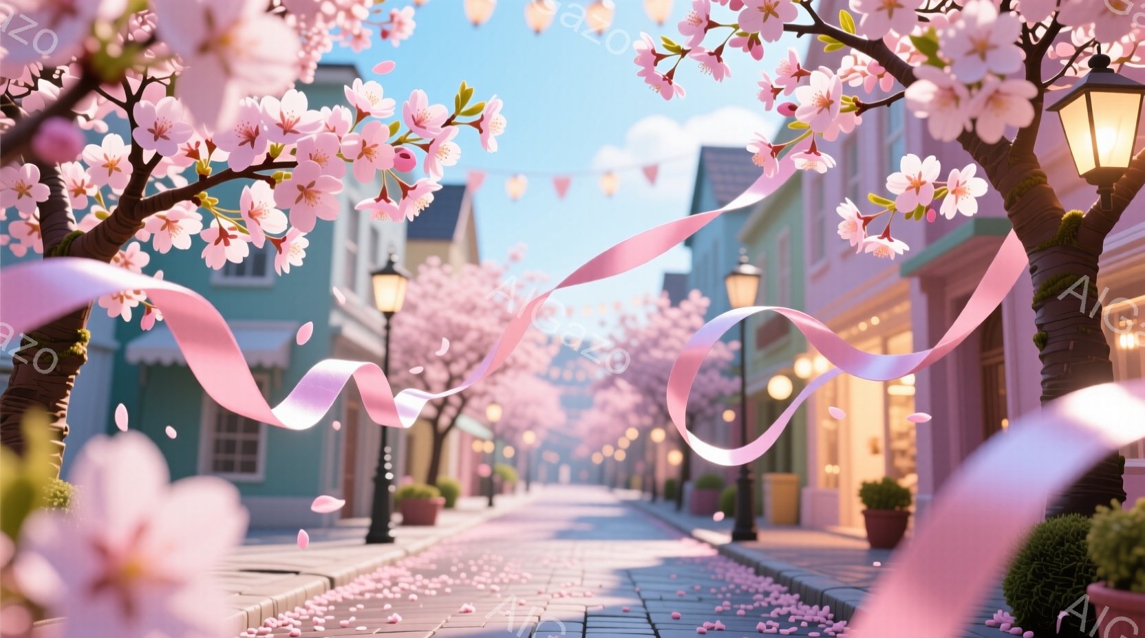 桜並木が続く石畳の通りが描かれており、ピンク色のリボンや花びらが舞い散っています。パステルカラーの可愛らしい建物が並び、春の暖かく穏やかな雰囲気を醸し出しています。背景には、ぼやけた緑の丘が見え、全体 - AI生成フリー素材
