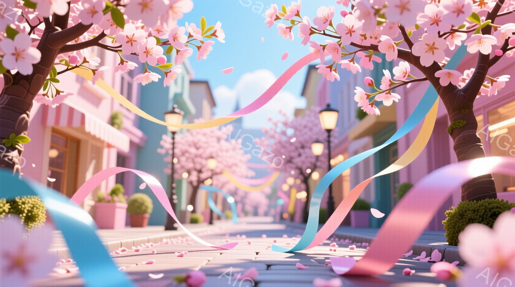 桜並木が続く石畳の道が描かれており、ピンクや水色のリボンが空中に舞い、春の祭りのような雰囲気を醸し出しています。背景にはパステルカラーの可愛らしい建物が並び、桜の花びらが地面に散らばり、暖かく穏やかな - AI生成フリー素材