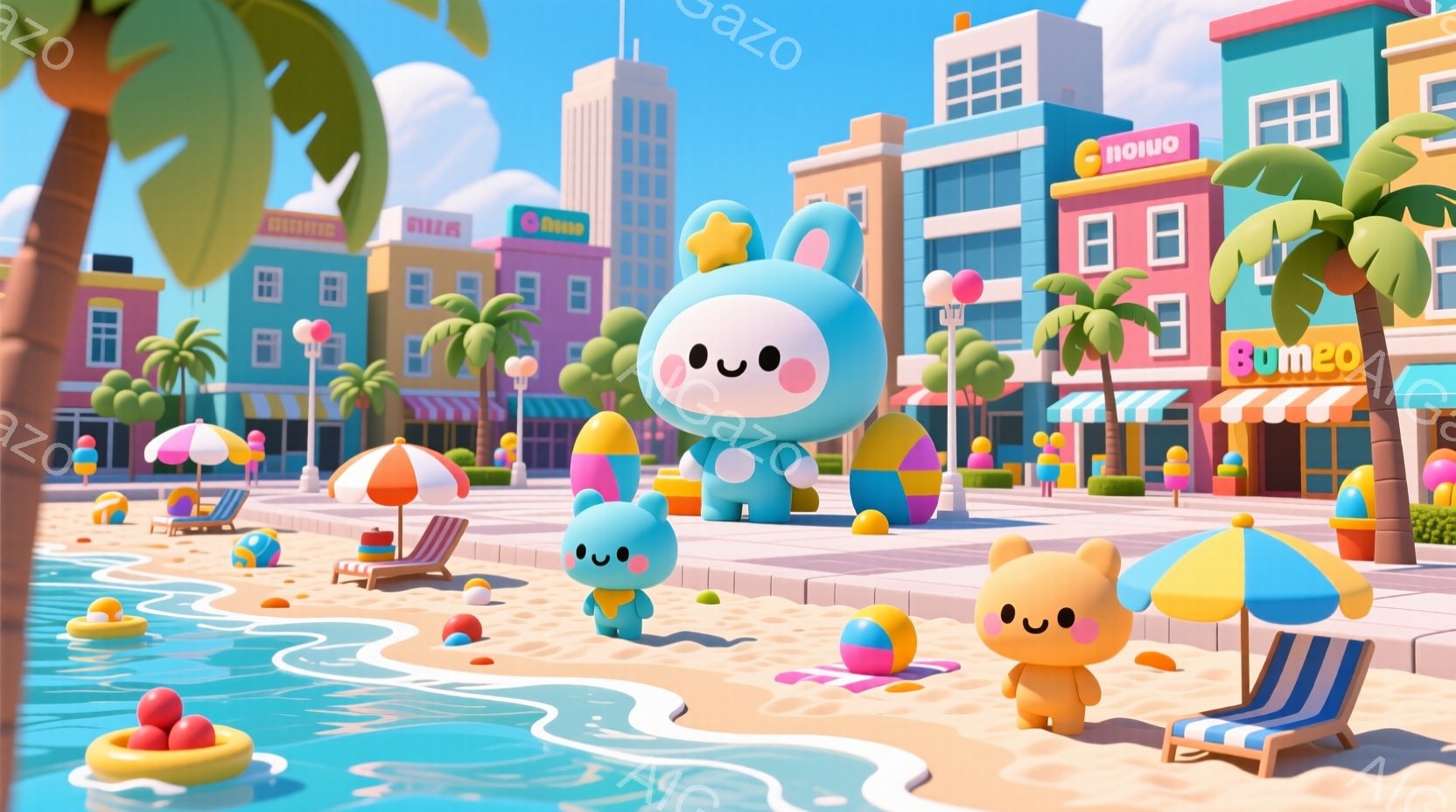 カラフルで可愛らしいビーチの風景を描いています。３人の小さなキャラクターが、それぞれ異なる色の着衣を身に着け、明るい表情で立っています。背景にはパステルカラーの建物が立ち並び、ヤシの木が生い茂り、青い - AI生成フリー素材