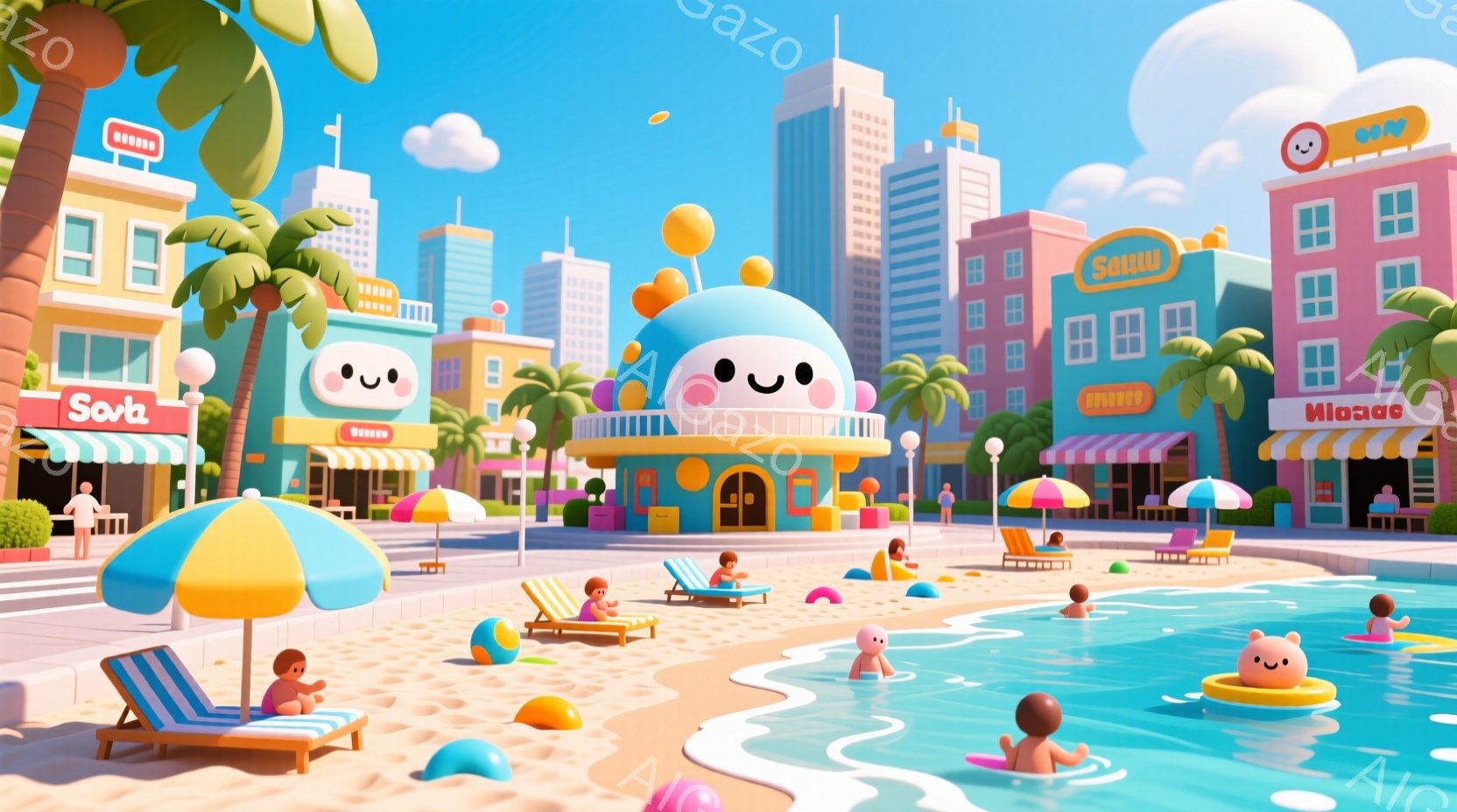 カラフルな建物とヤシの木が並ぶ、遊園地のようなビーチの風景です。人々はビーチチェアでリラックスしたり、水中で浮き輪で遊んだりしています。空は晴れで、全体的に明るく楽しい雰囲気です。
