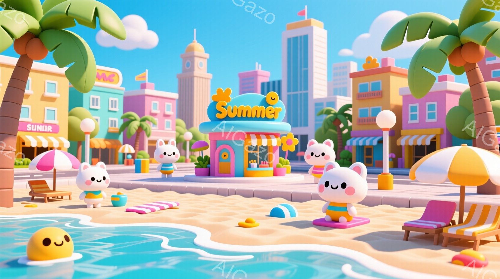 明るいピンクと水色の建物が立ち並び、砂浜には白いウサギのようなキャラクターたちが、ビーチマットの上でリラックスしています。彼らは皆、同じようにシンプルな白い姿で、丸い目と控えめな笑顔を浮かべています。 - AI生成フリー素材