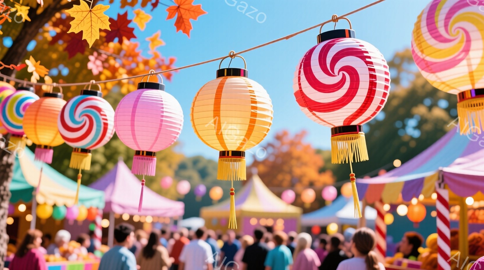 カラフルな提灯が空中に並び、お祭りの賑やかな雰囲気を醸し出しています。人々は後ろにぼやけていますが、カラフルな服を着ており、楽しげなお祭りを楽しんでいる様子が伺えます。背景には、色とりどりのテントや、 - AI生成フリー素材