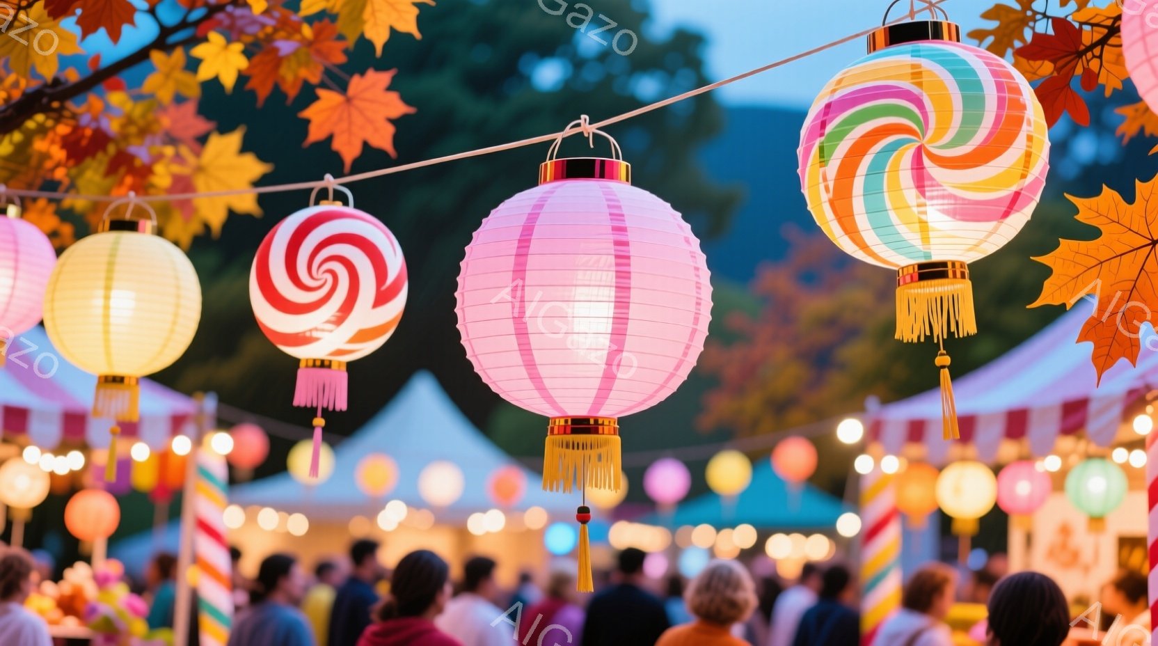 色とりどりの提灯が空中に並び、お祭りの賑やかな雰囲気を醸し出しています。人々は後ろ姿でしか見えず、楽しげなお祭りの一角に集まっている様子が伺えます。背景には、白とピンクのテントや緑豊かな木々が見え、秋 - AI生成フリー素材