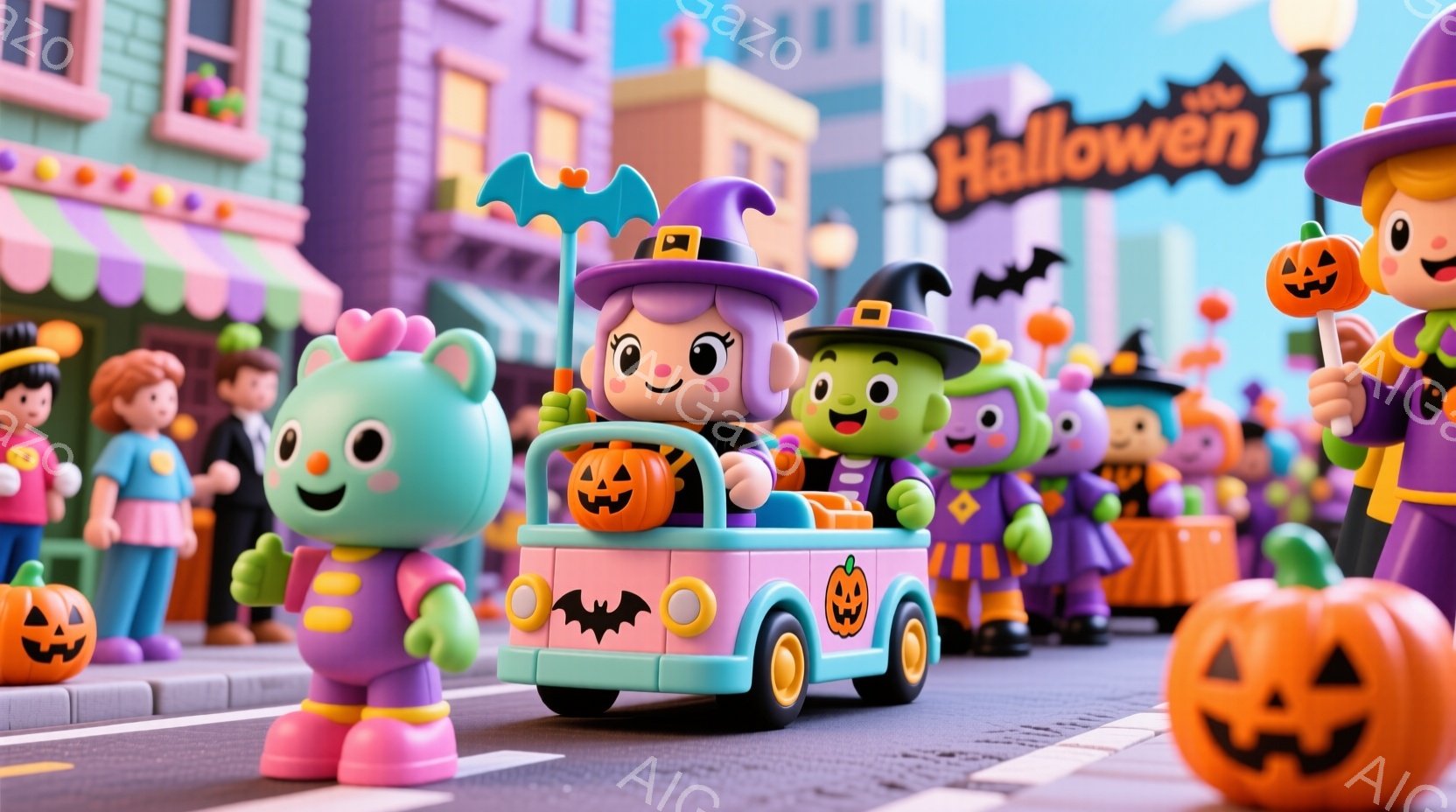 カラフルなハロウィーンのパレードが街を行進している様子が描かれています。可愛らしいキャラクターたちは、それぞれ魔女やモンスターの仮装をしており、表情豊かに楽しんでいるようです。背景には、紫やオレンジ色 - AI生成フリー素材