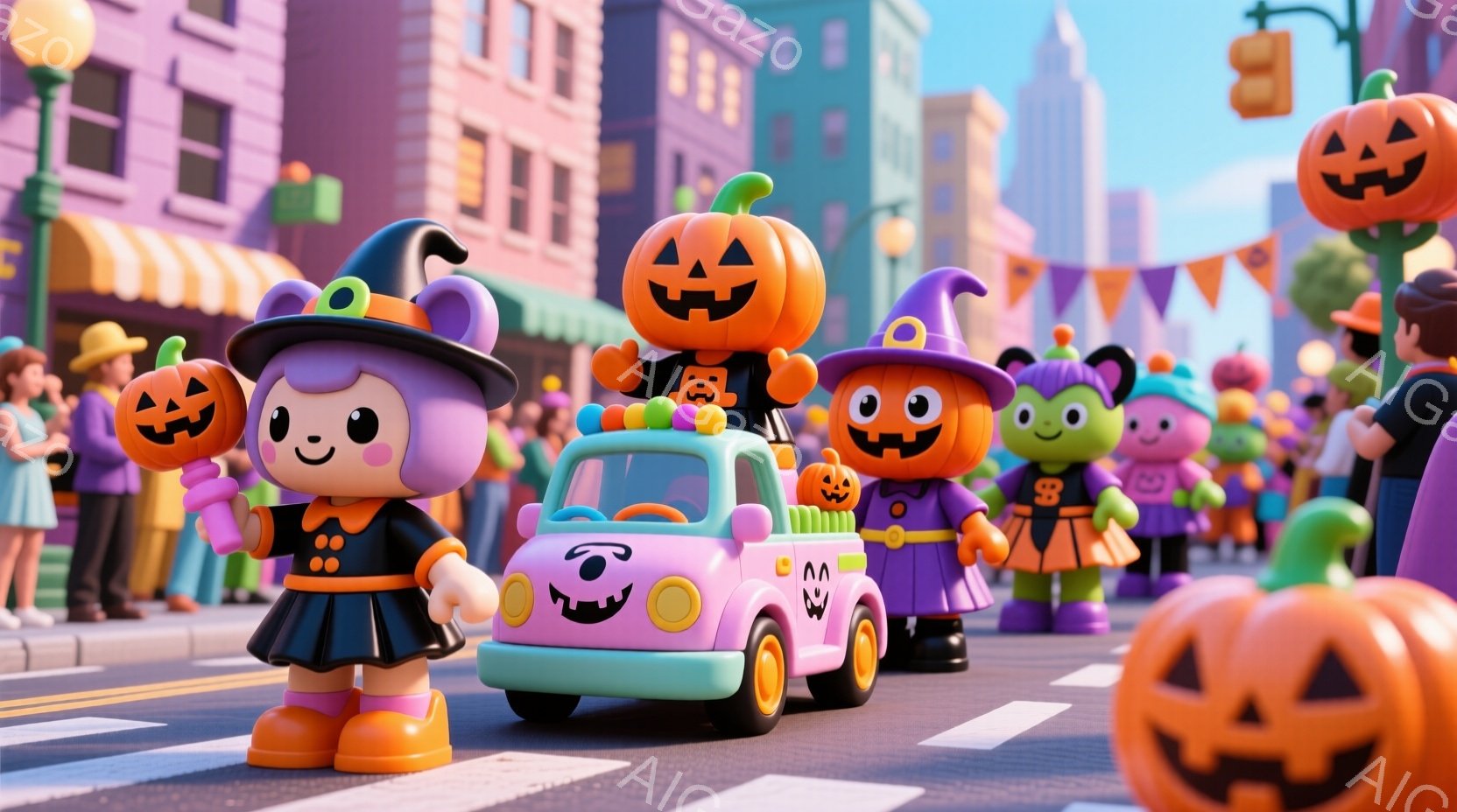ハロウィーンをテーマにした可愛らしいイラストで、カボチャをモチーフにしたキャラクターたちがパレードを行っています。紫や黒、オレンジ色の衣装を身につけたキャラクターたちは、笑顔で歩いたり、カボチャの形を - AI生成フリー素材