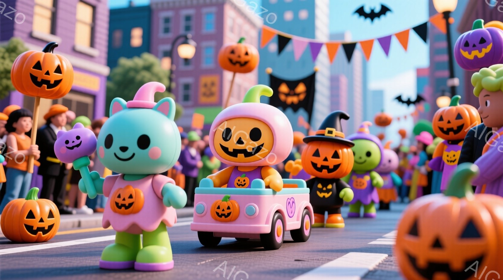 ハロウィーンをテーマにした、明るくカラフルなシーンです。さまざまなキャラクターがカボチャの衣装を着て、ピンク色の車に乗ったり、カボチャのランタンを持って歩いたりしています。背景には、ハロウィーンの飾り - AI生成フリー素材