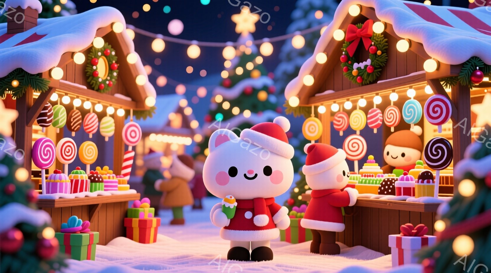 白いクマのキャラクターがサンタクロースの衣装を着て、キャンディがたくさん並んだ屋台の前に立っています。周りにはプレゼントの箱が置かれ、背景にはクリスマスツリーと暖かく光る屋台が並び、雪が降る幻想的な冬の景色が広がっています。全体的に可愛らしく、温かいクリスマスの雰囲気が漂うイラストです。