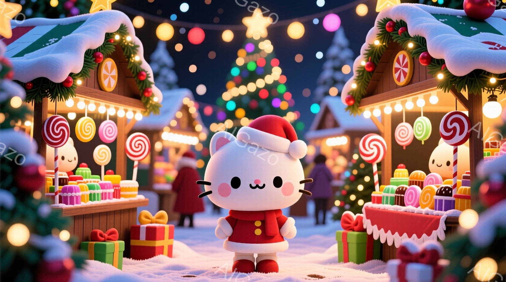 白い猫のようなキャラクターが、赤いサンタの衣装を着て雪の上に立っています。背景には、クリスマスツリーやプレゼント、お菓子を売る屋台が並び、雪が降る冬の夜の賑やかなクリスマスマーケットの様子が描かれてい - AI生成フリー素材