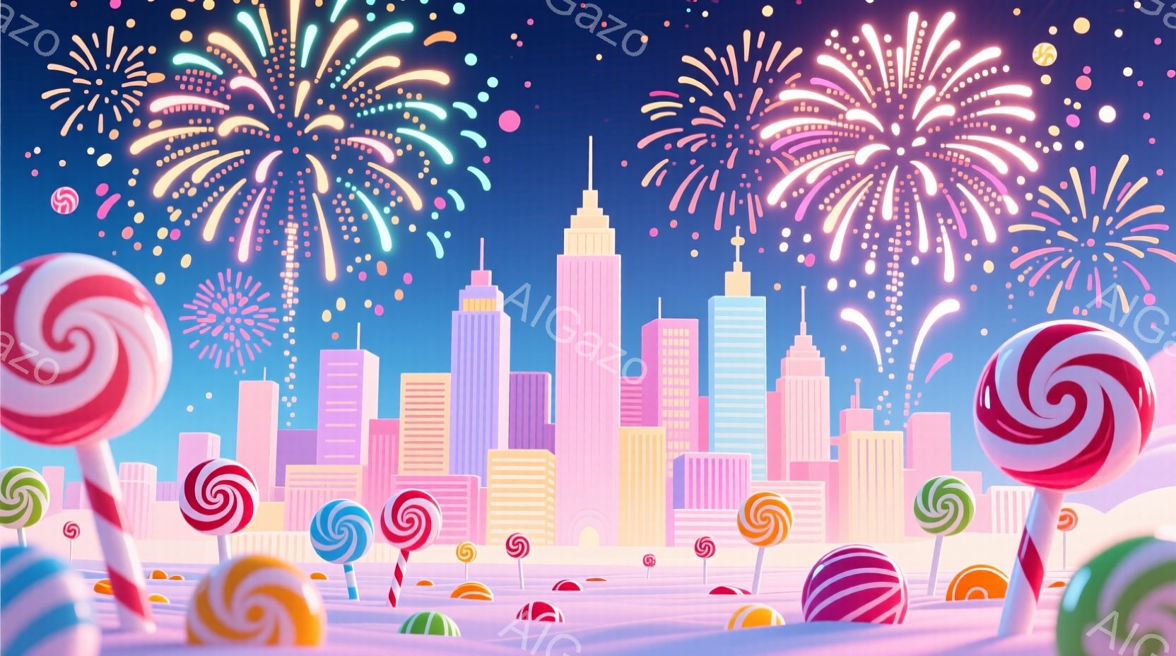 鮮やかな色彩が特徴の、お菓子の国のような風景が広がっています。ピンクや紫、水色の高層ビル群が立ち並び、その前には巨大なキャンディがまるで植物のように生い茂っています。夜空には花火が打ち上げられ、夢のような幻想的な雰囲気を醸し出しています。