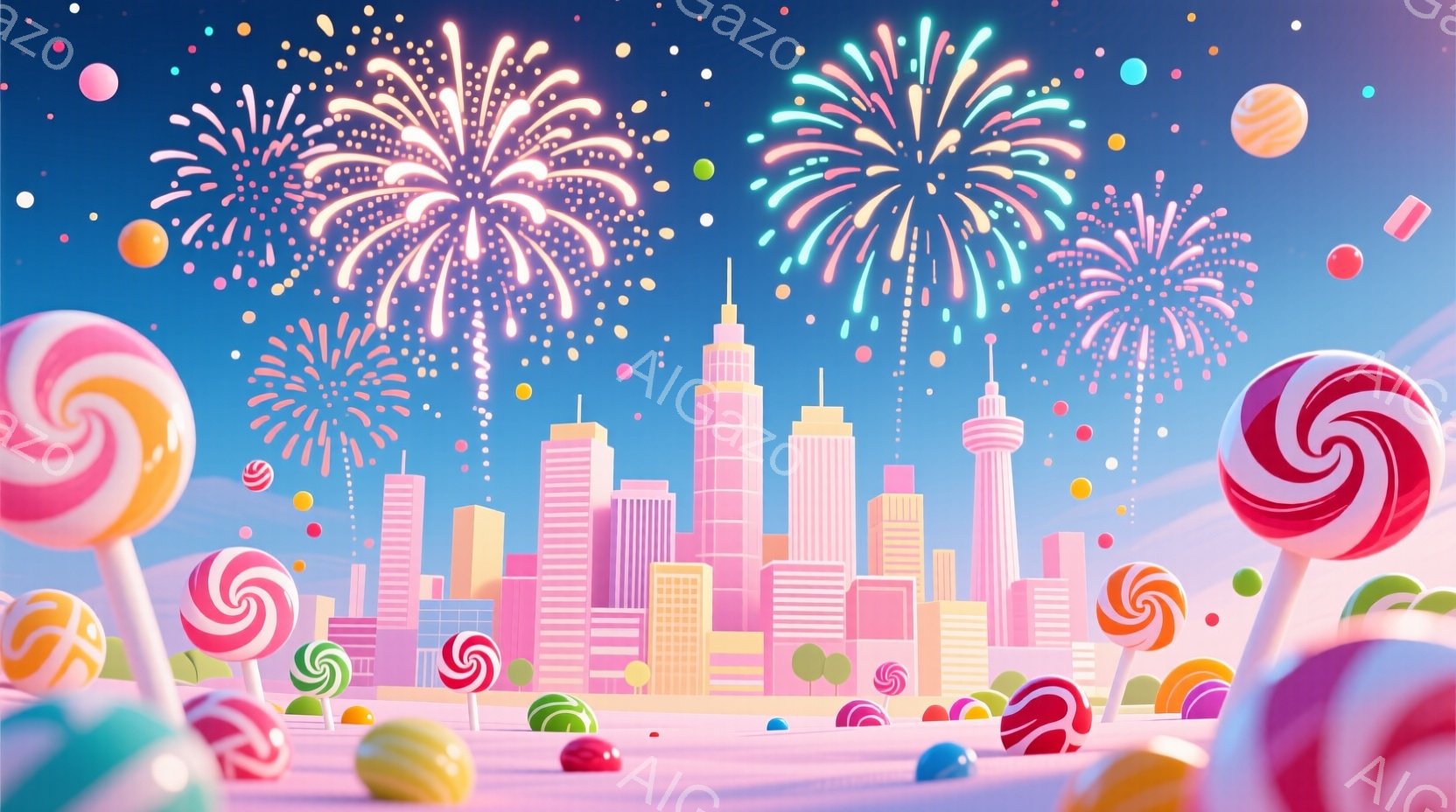 キャンディのような色彩が溢れるファンタジーな都市景観が描かれています。ピンクや水色の高層ビル群が立ち並び、背景には花火が夜空を彩っています。地面には巨大なキャンディやグミが散らばり、まるで夢のような甘い世界が広がっています。