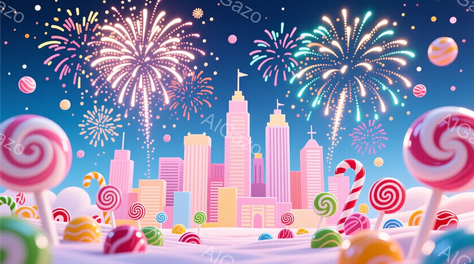 鮮やかなピンクと水色のキャンディランドが広がっており、背景には高層ビル群が立ち並び、空には花火が打ち上げられています。地面には巨大なキャンディやペパーミントが突き刺さり、まるで夢のようなお菓子の世界が - AI生成フリー素材