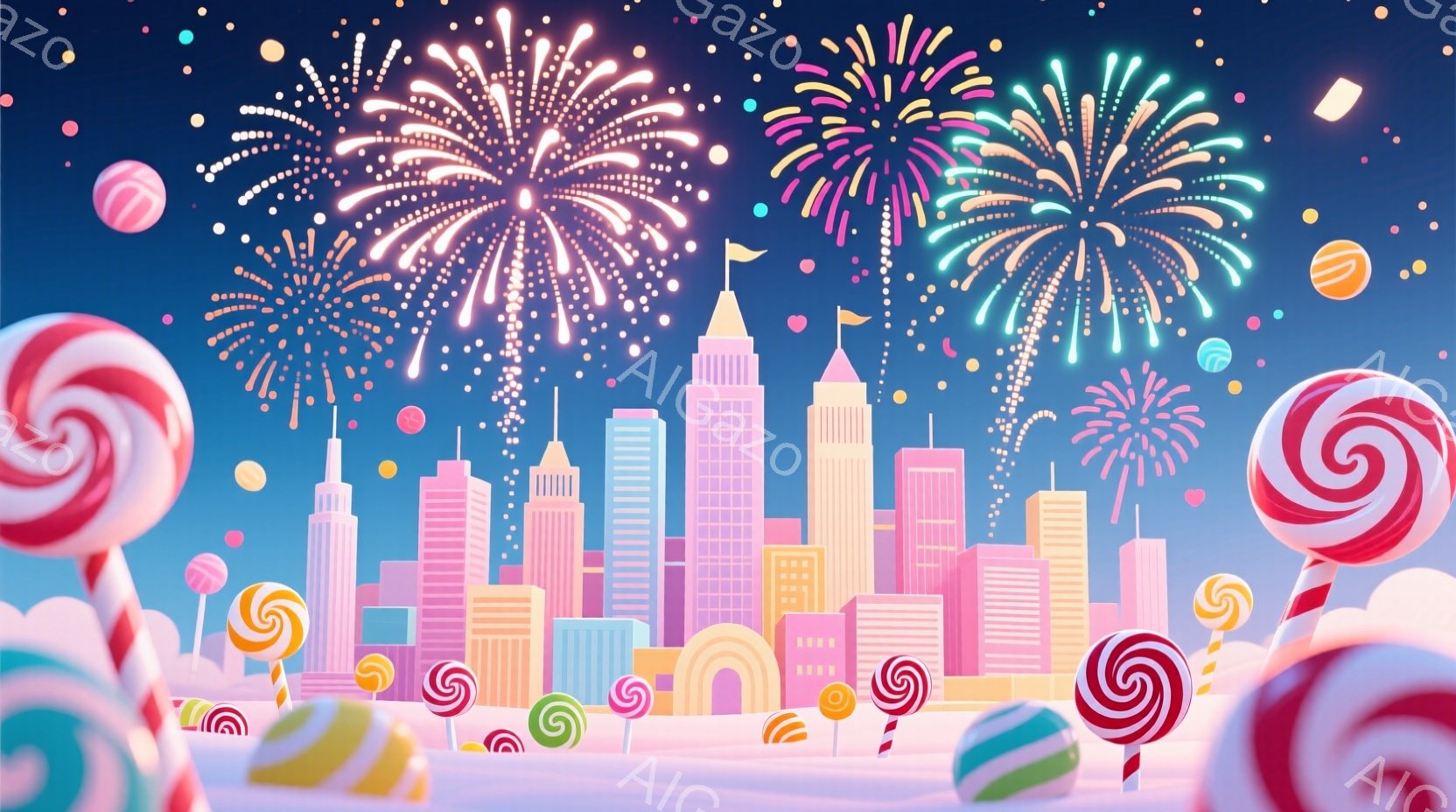 キャンディーランドのようなファンタジー都市を描いています。ピンクや紫色の高層ビルが立ち並び、周囲には巨大なキャンディーやロリポップが配置されています。夜空には美しい花火が咲き乱れ、全体的に甘くて夢のよ - AI生成フリー素材