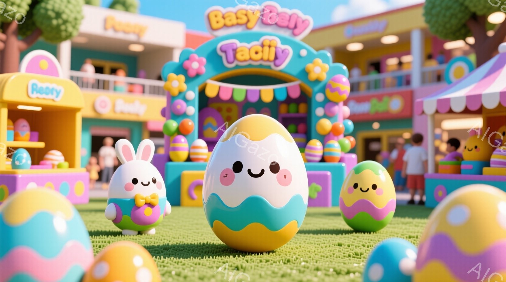 カラフルなイースターエッグが芝生の上に並んでおり、それぞれに可愛らしい顔が描かれています。背景にはパステルカラーの建物が立ち並び、イースターを祝うような賑やかな雰囲気が漂っています。全体的に明るく、陽 - AI生成フリー素材