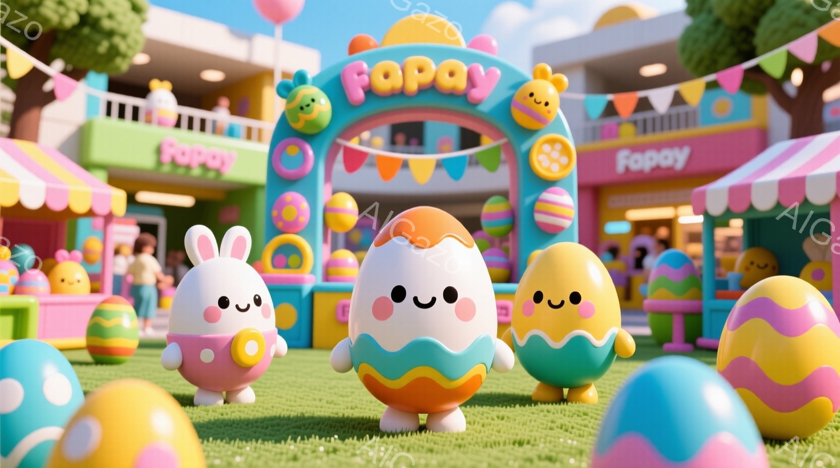 カラフルなイースターエッグのキャラクターたちが、緑の芝生の上に並んでいます。背景には、ピンクと水色の建物やアーチがあり、可愛らしい装飾が施されています。全体的に明るく、お祝いの雰囲気で、春のイースターの祝賀を思わせる、ポップで楽しいイメージです。