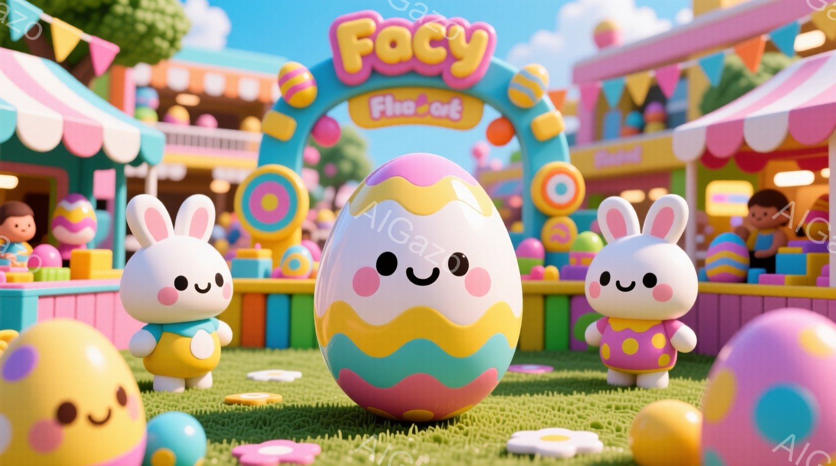 カラフルなイースターエッグのキャラクターたちが、緑色の芝生の上に立っています。中央の卵は緑とピンクのストライプで、他の卵たちはパステルカラーで可愛らしい表情をしています。背景には、風船やアーチ、そして - AI生成フリー素材