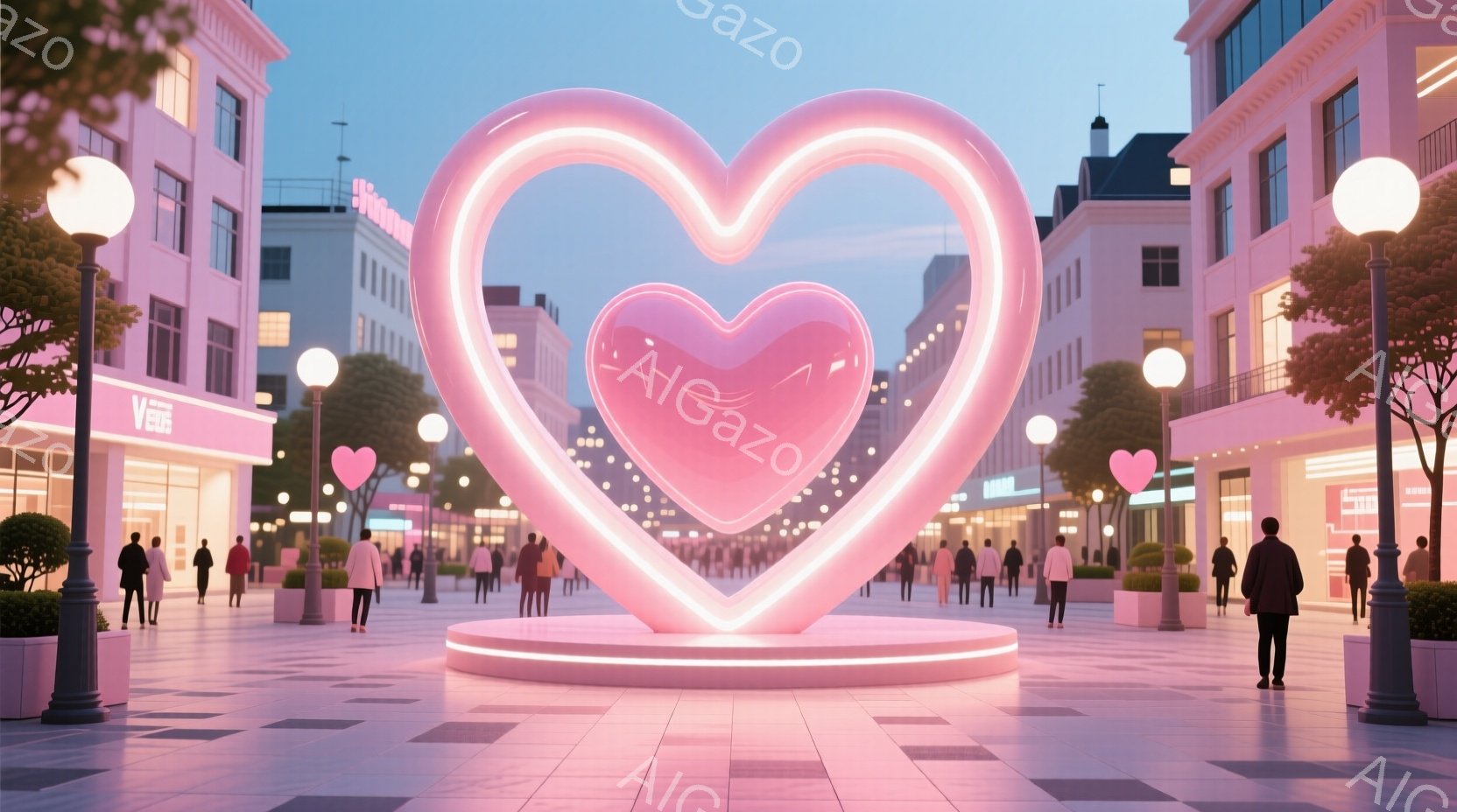 広場の中心には、ネオンピンクの光を放つ巨大なハート型の彫刻が設置されており、その周りを人々が歩いている。人々はカジュアルな服装で、様々な髪型をしており、表情は一様に穏やかで楽しげである。背景には、パステルカラーの建物が並び、街路樹が緑を添え、夕暮れ時の穏やかな光が全体を包み込んでいる。