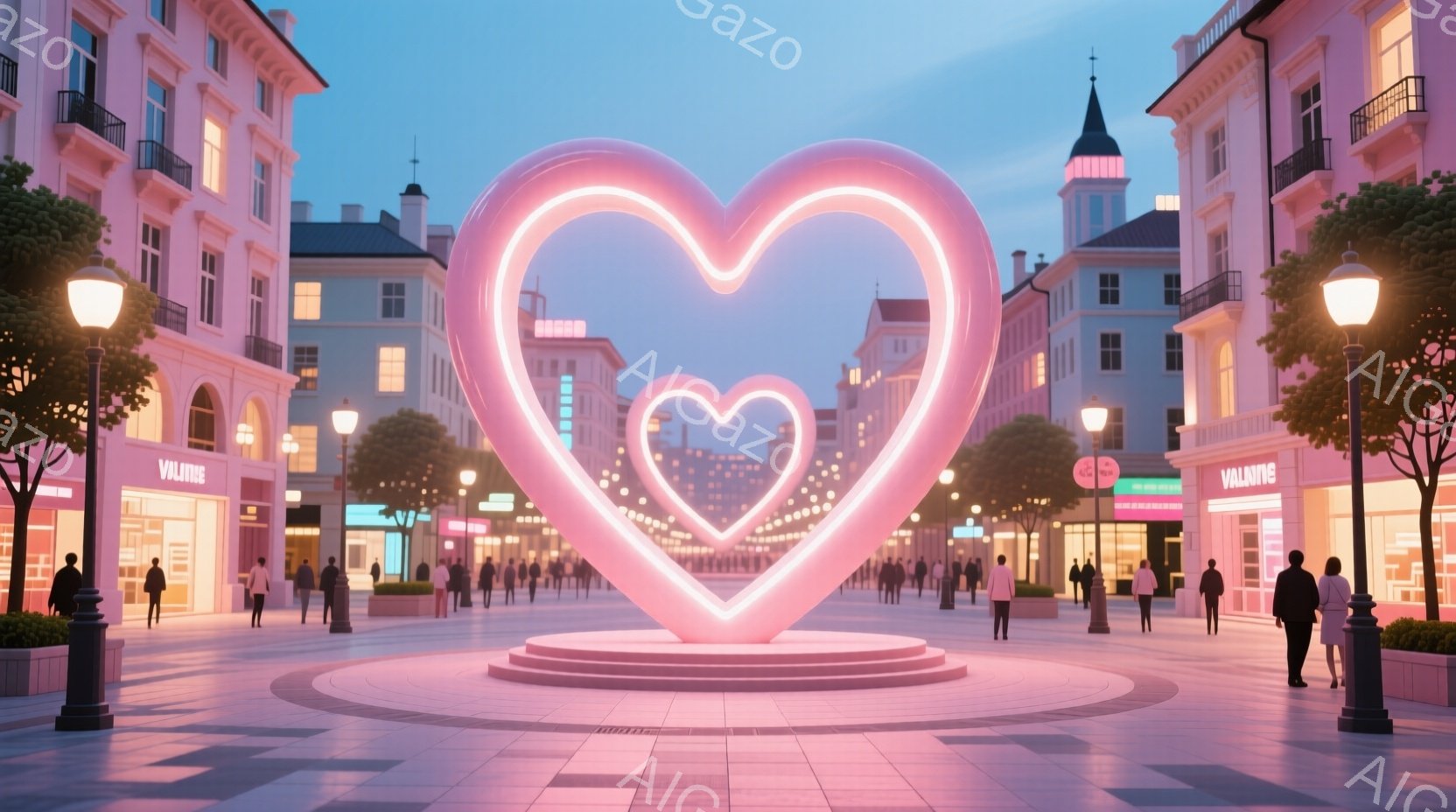 広場の中心には、ピンク色に光る巨大なハート型の彫刻が設置されており、その周囲には人々が集まっている。人々は様々なおしゃれな服装をしており、彫刻を見上げたり、写真を撮ったりしている様子が見られる。背景に - AI生成フリー素材