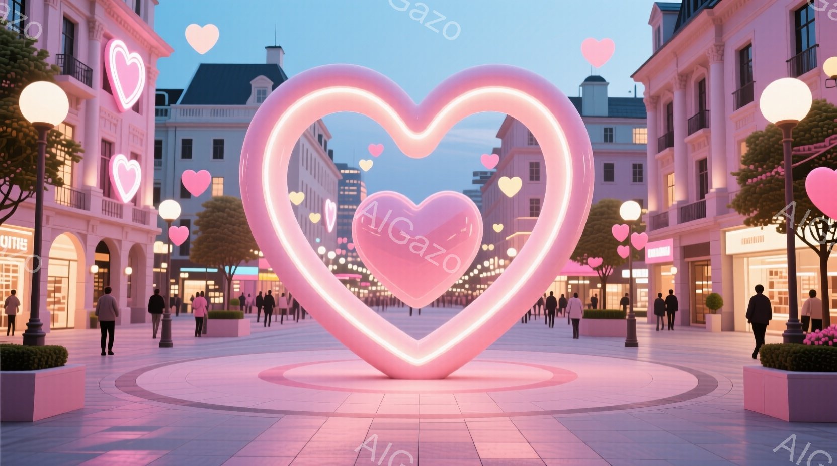 広場の中央には巨大なピンク色の光るハート型のオブジェがあり、その周囲を人々が歩いている。人々はフォーマルな服装で、ビジネススーツやコートを着ており、表情ははっきりと見えないが、ゆったりとした雰囲気で散 - AI生成フリー素材