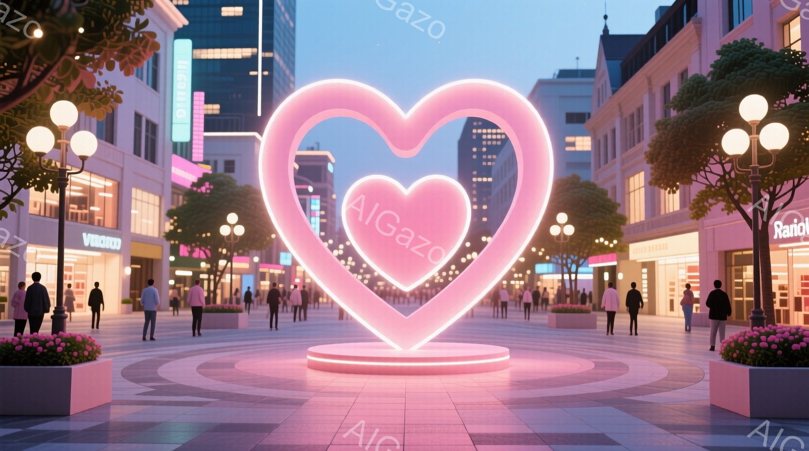 広々とした通りの中央に、巨大なピンク色の光るハート型の彫刻が設置されている。彫刻の周囲には人々が歩き、ショッピングや散歩を楽しんでいる様子で、服装はカジュアルで多様である。背景には、近代的な建物が立ち - AI生成フリー素材