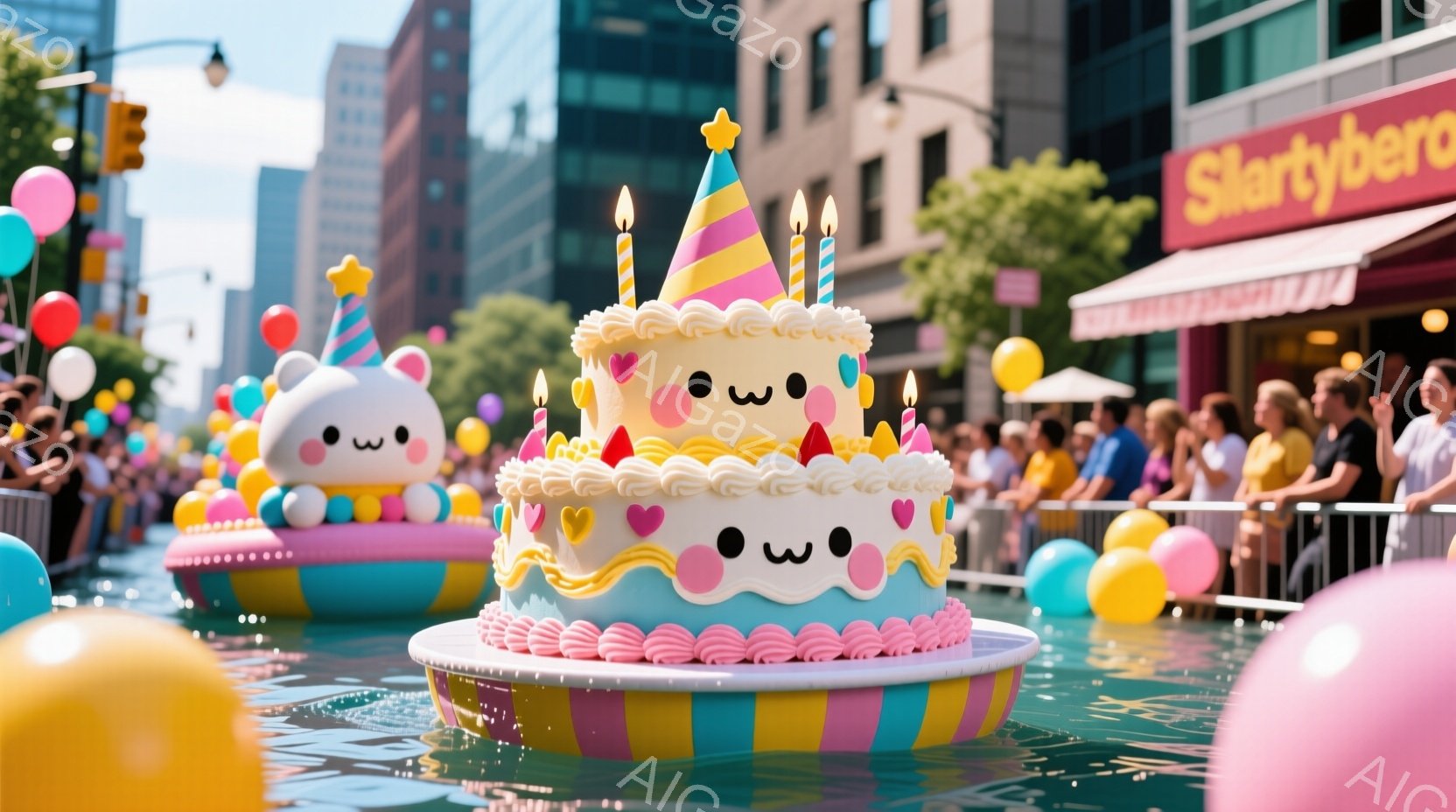 色とりどりの風船が浮かび、水面には巨大なケーキとユニコーンのフロートが浮かんでいます。観客は柵越しにそれらを見守っており、背景には高層ビル群が立ち並び、晴天の下、賑やかなパレードの雰囲気が伝わってきま - AI生成フリー素材