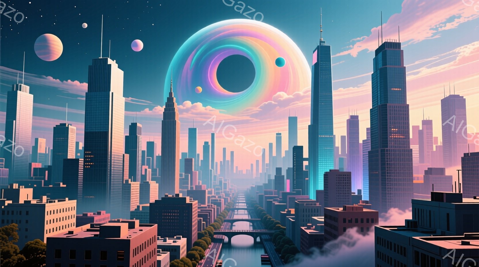 未来的な高層ビル群が立ち並ぶ都市の風景で、空には虹色の光輪と複数の惑星が浮かんでいる。霧がかった川が都市を横断し、夕焼けのような柔らかな光が全体を包み込み、幻想的で平和な雰囲気を醸し出している。建物はモダンで洗練されたデザインで、遠近法が強調され、壮大なスケール感を表現している。