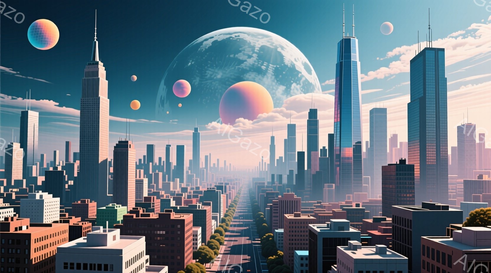 未来都市が広がり、様々な色彩の惑星が雲の中に浮かんでいる様子が描かれている。高層ビル群は幾何学的なデザインで統一感があり、街路は静寂に包まれている。全体的に、希望と静けさを感じさせる、夢のような光景だ - AI生成フリー素材